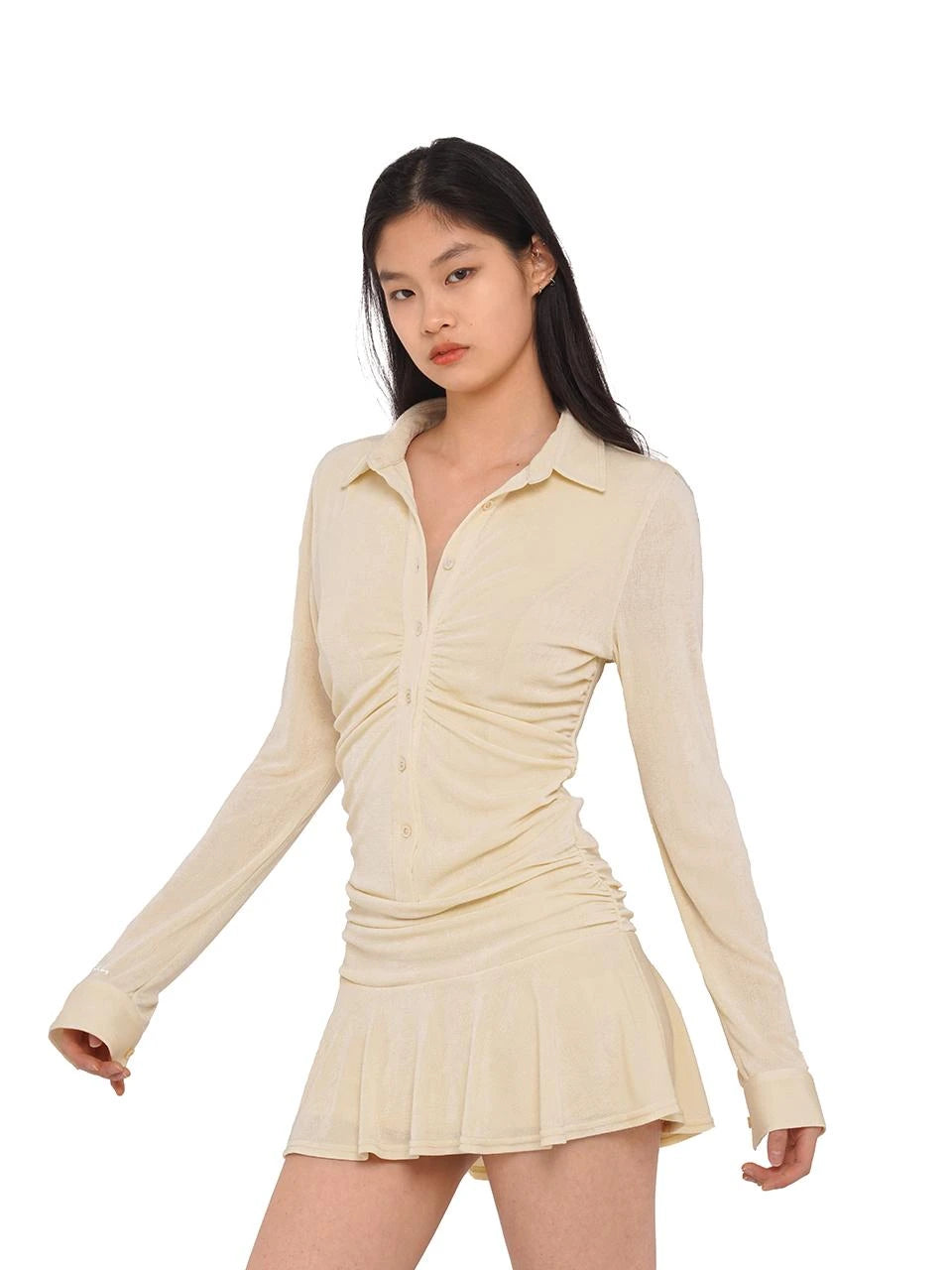 Flowy Casual Drop Waist Pleated Shirt Collar Dress