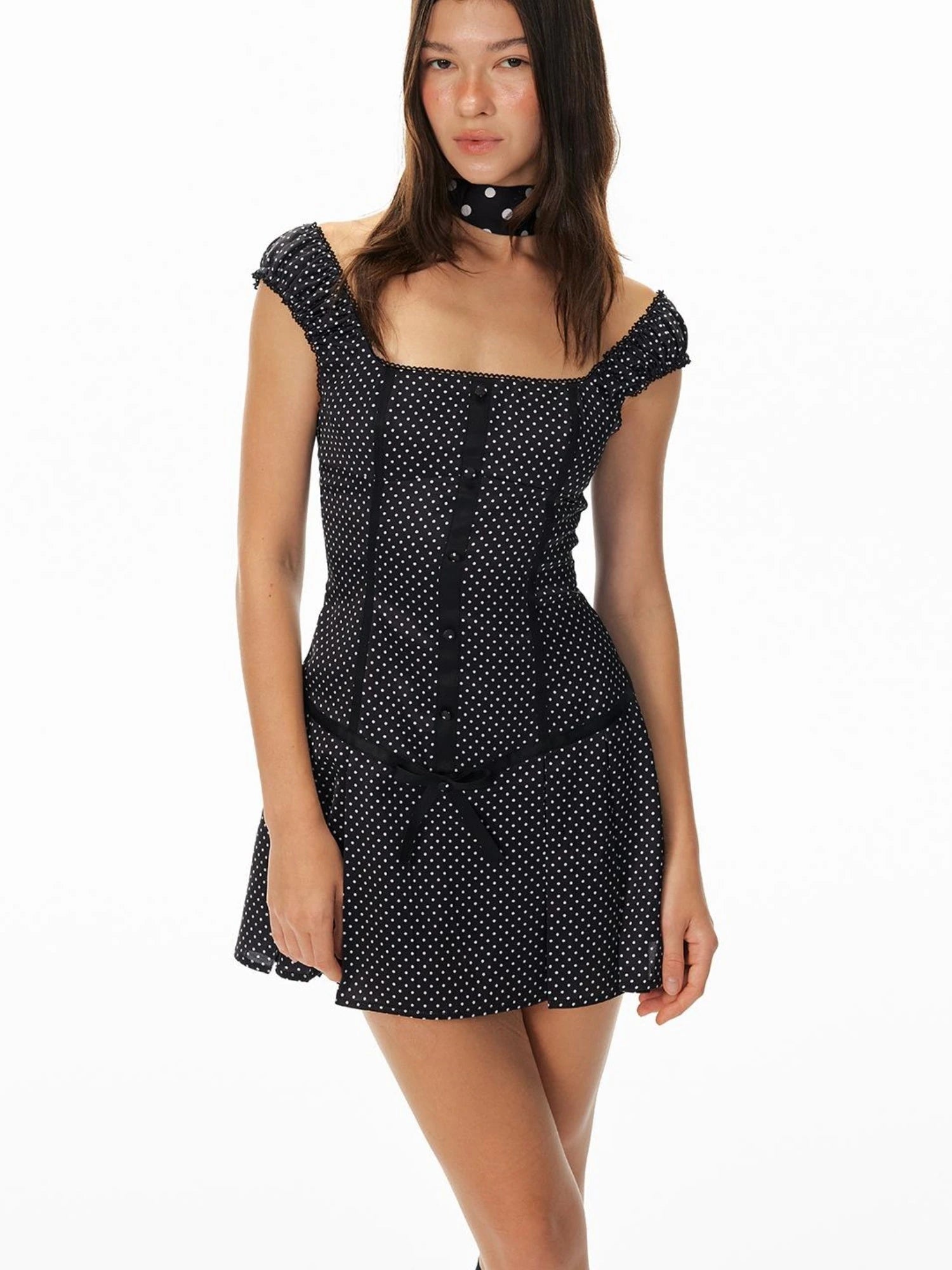 Flowy Polka Dot Lace Trim Bodycon Mini Dress