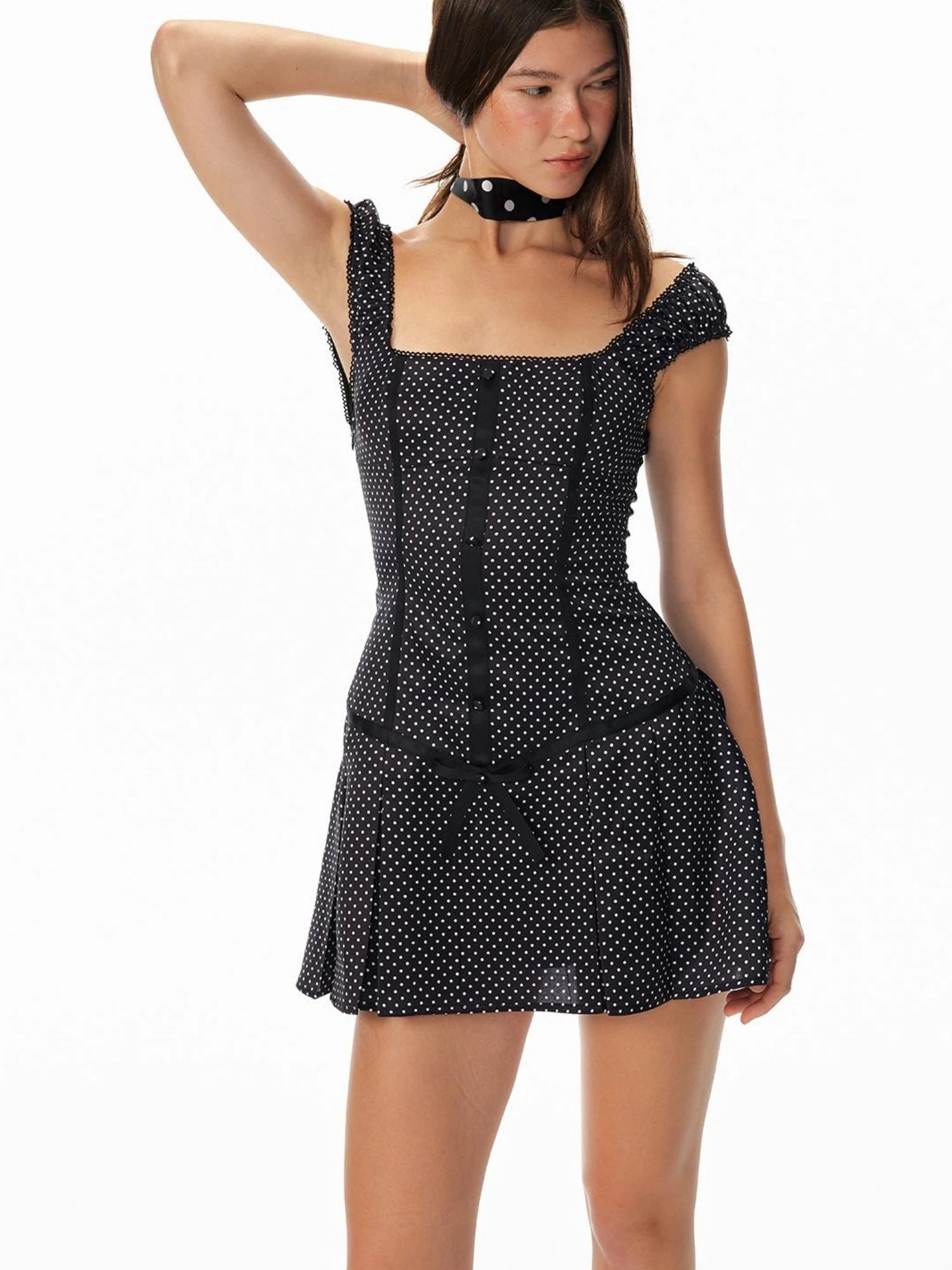 Flowy Polka Dot Lace Trim Bodycon Mini Dress