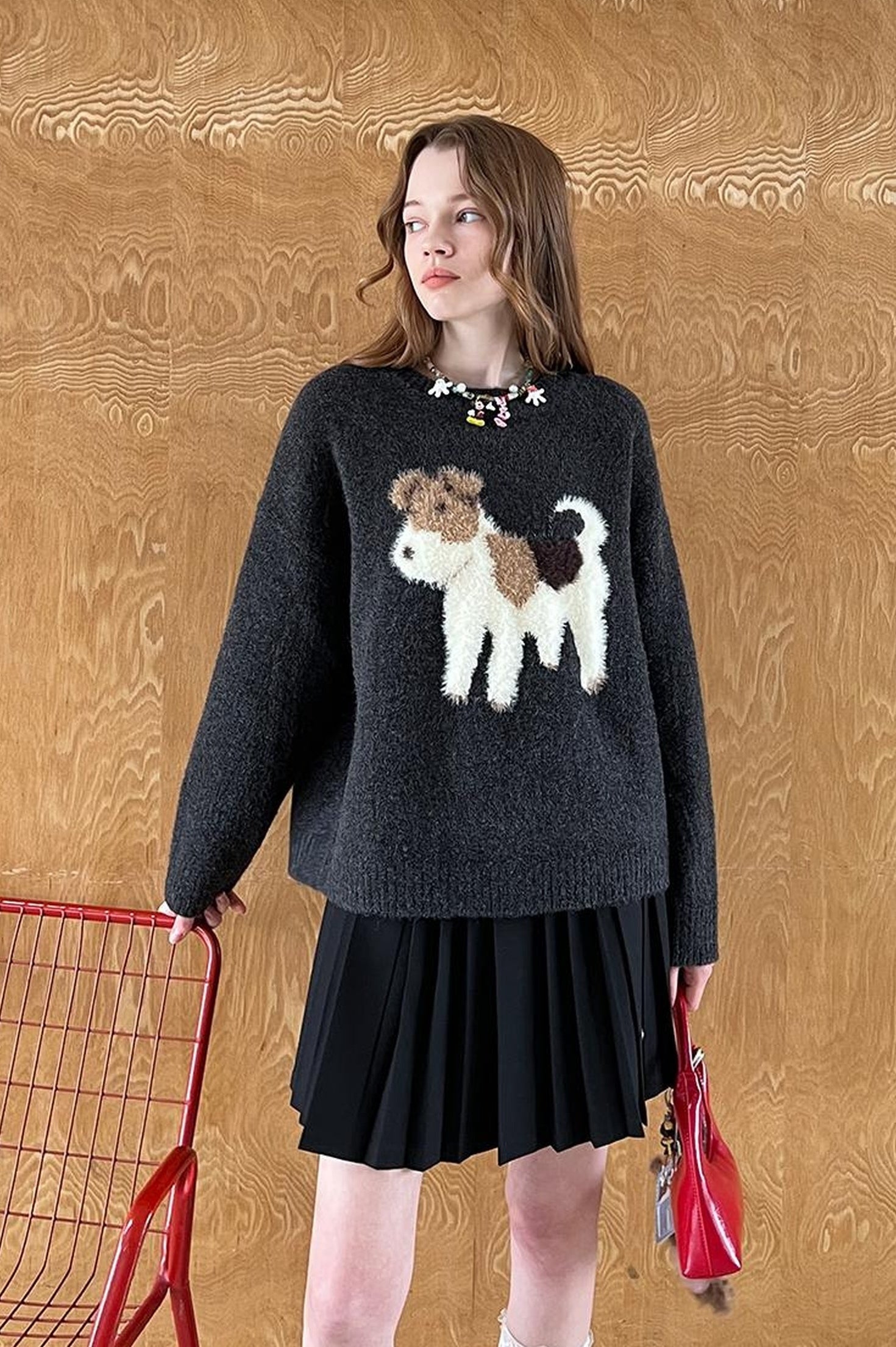 DIDDI MODA Fluffy Puppy Jacquard Sweater Cozy Cute Knitwear