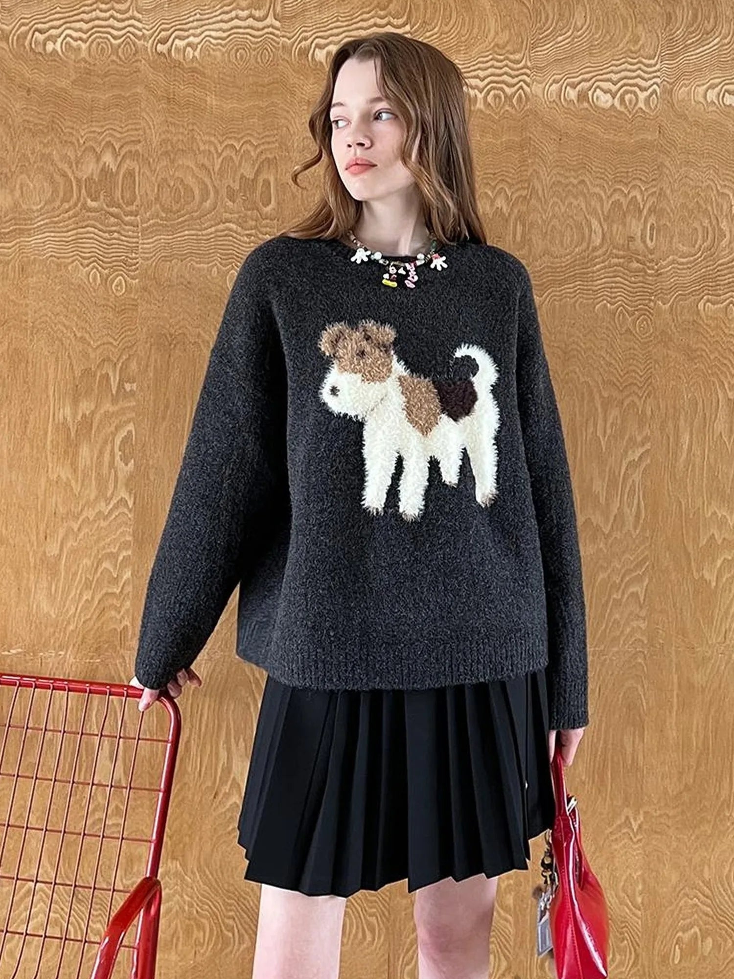 Fluffy Puppy Jacquard Sweater Cozy Cute Knitwear