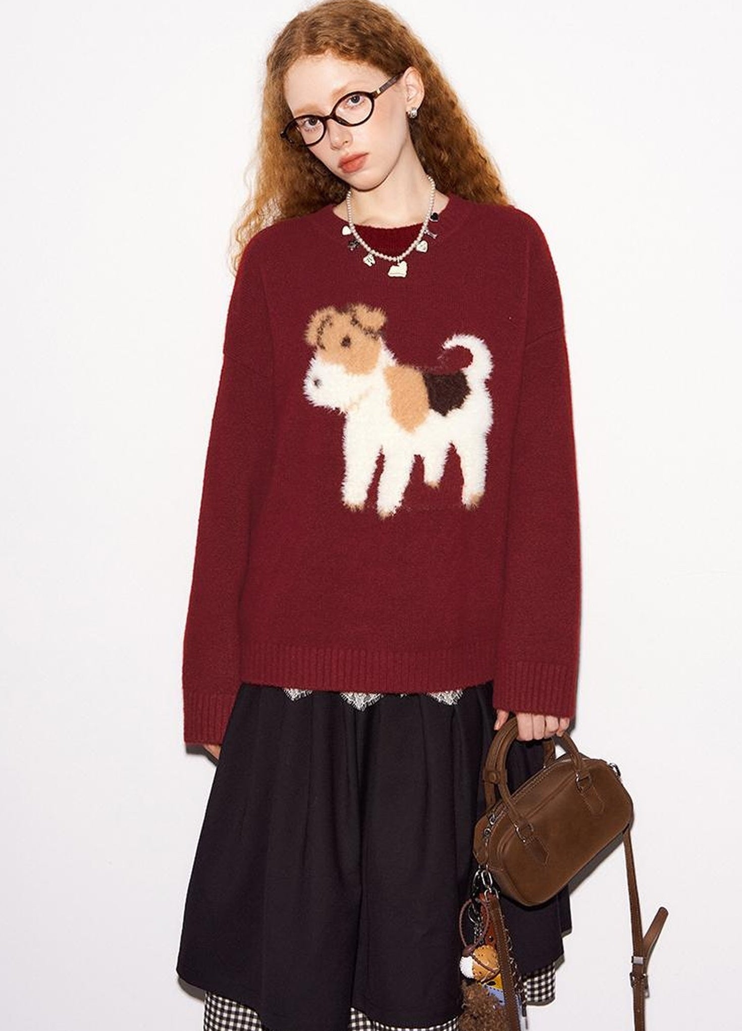 DIDDI MODA Fluffy Puppy Jacquard Sweater Cozy Cute Knitwear