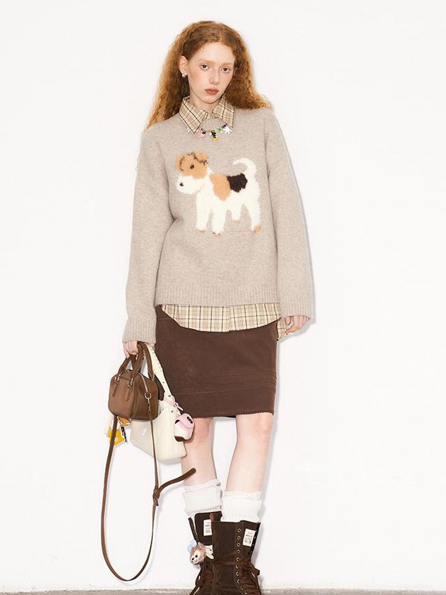 DIDDI MODA Fluffy Puppy Jacquard Sweater Cozy Cute Knitwear