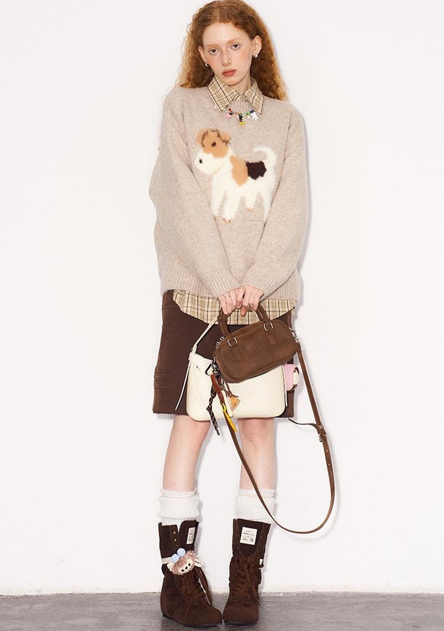DIDDI MODA Fluffy Puppy Jacquard Sweater Cozy Cute Knitwear