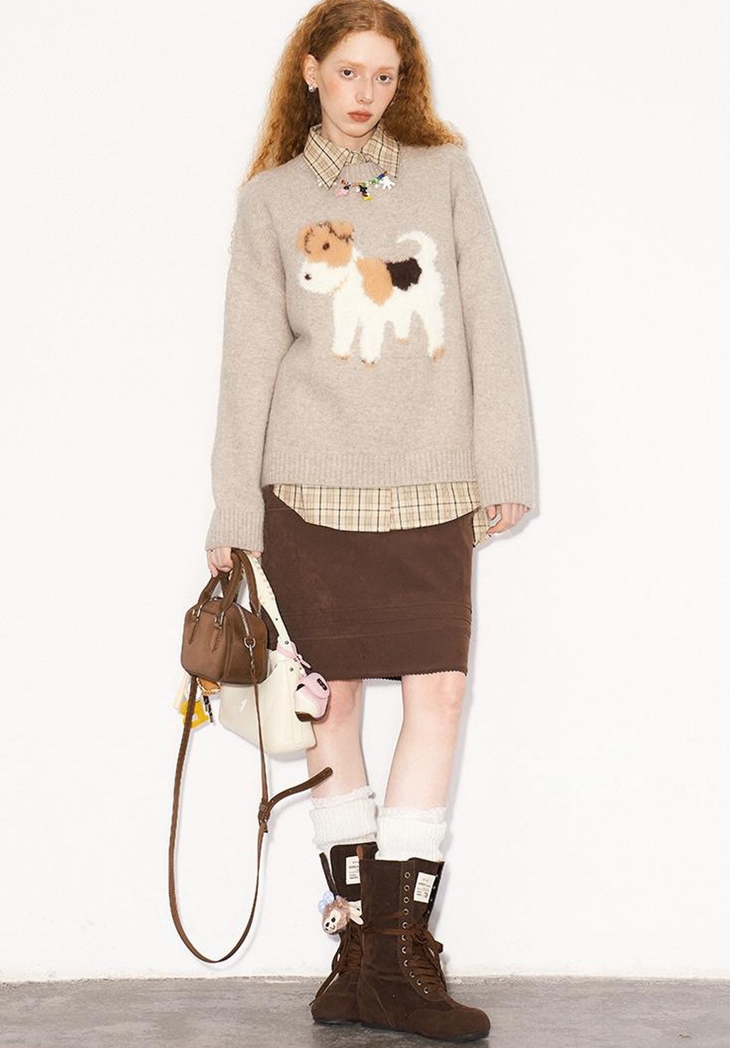DIDDI MODA Fluffy Puppy Jacquard Sweater Cozy Cute Knitwear