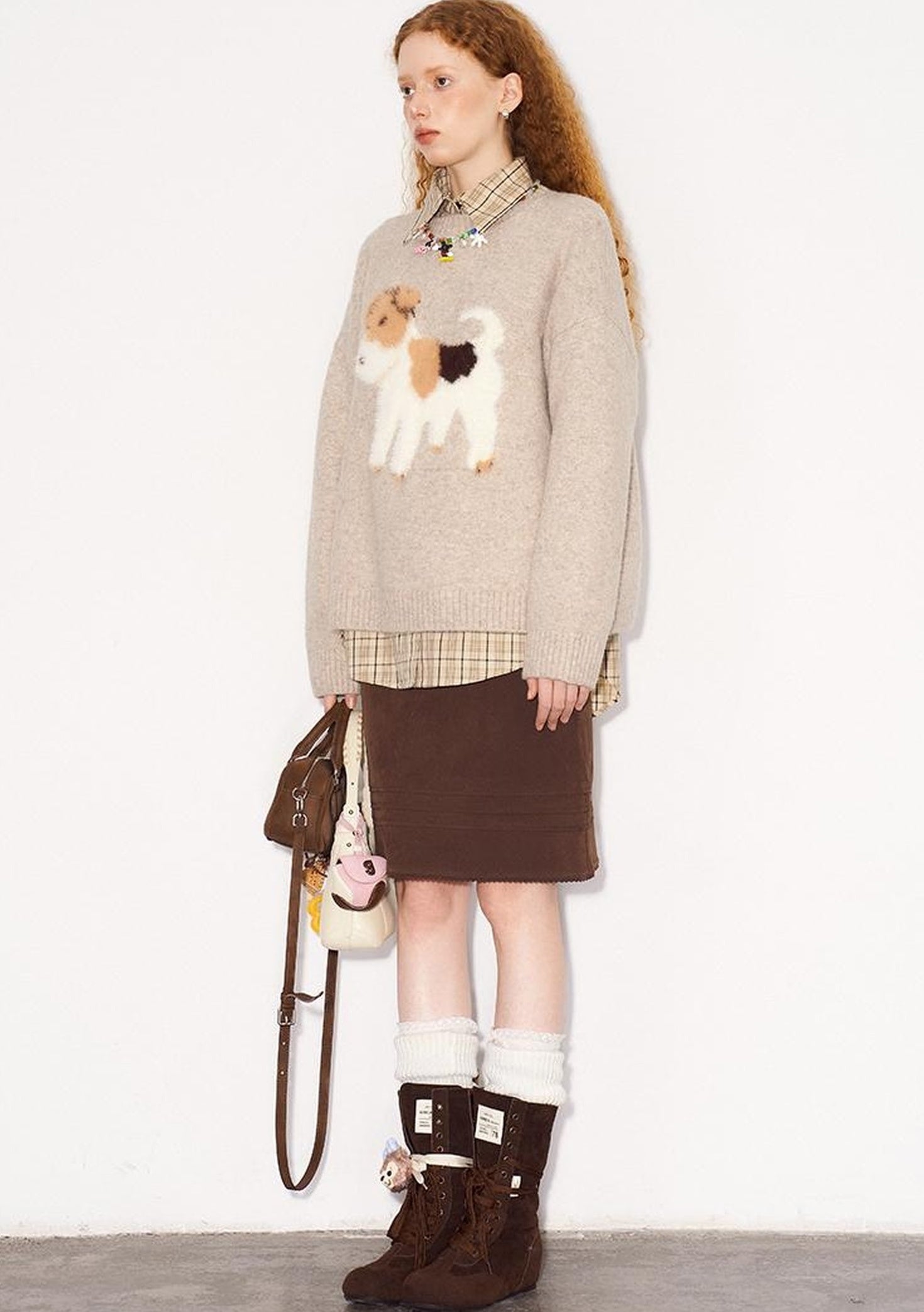 DIDDI MODA Fluffy Puppy Jacquard Sweater Cozy Cute Knitwear
