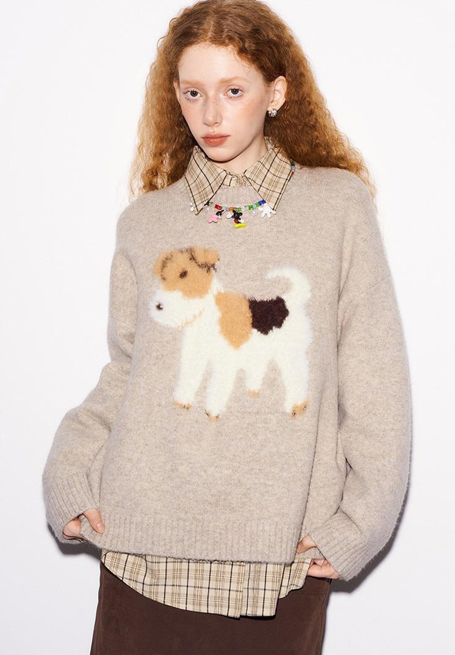 DIDDI MODA Fluffy Puppy Jacquard Sweater Cozy Cute Knitwear