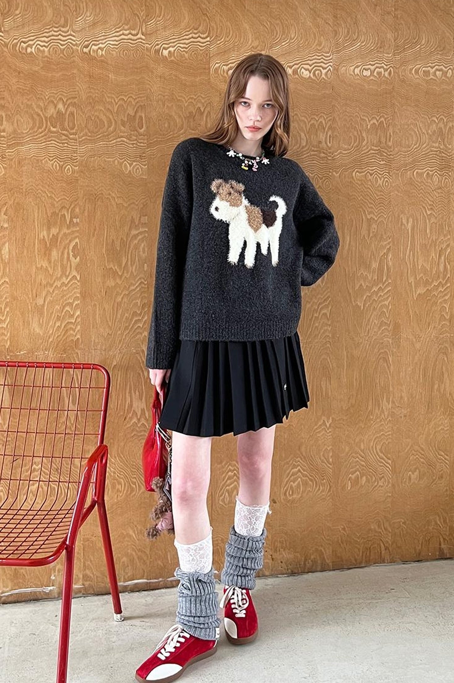 DIDDI MODA Fluffy Puppy Jacquard Sweater Cozy Cute Knitwear