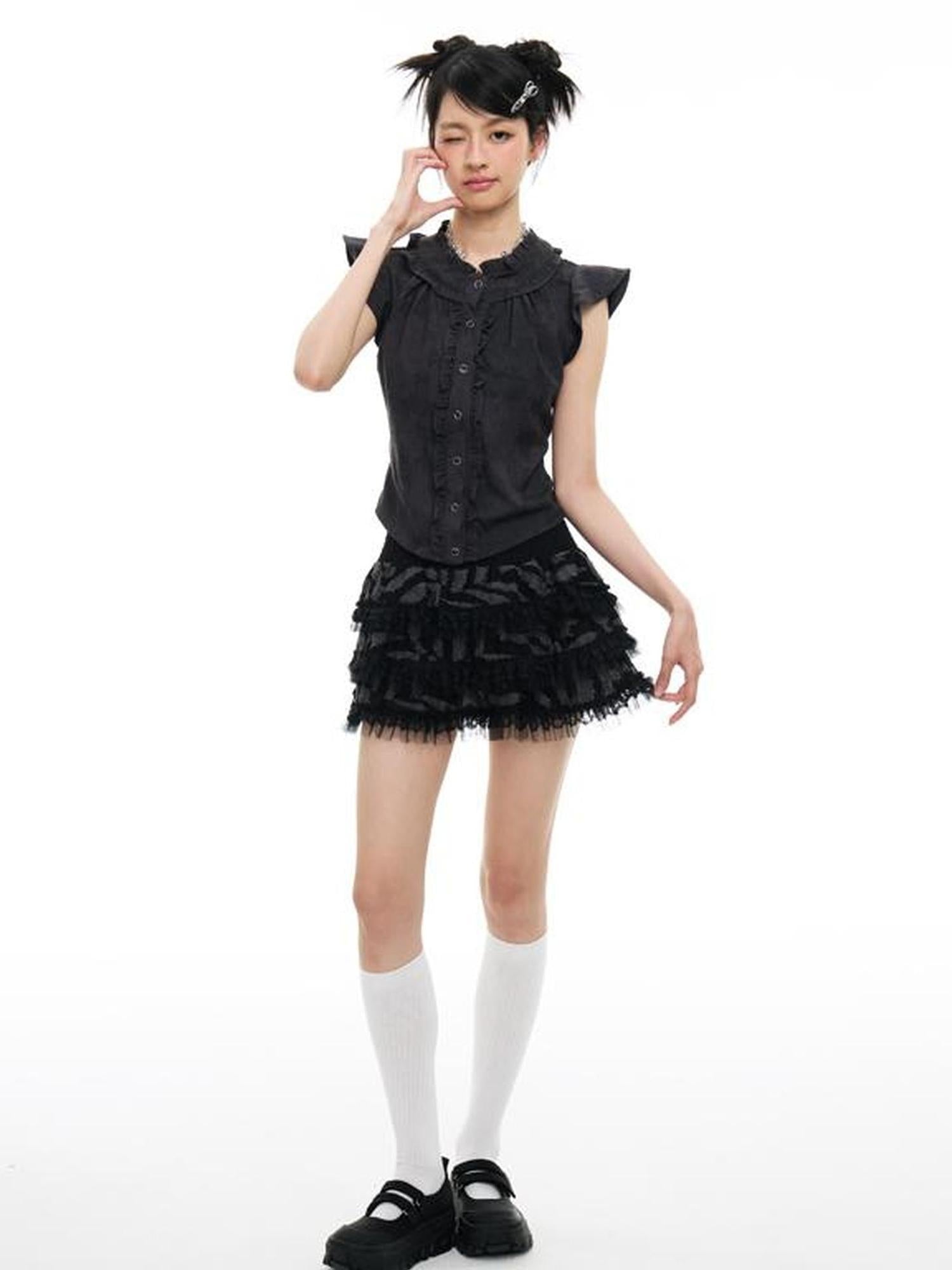 MOMSYCAN FOX LINE Fluttery Lace Trim Sleeveless Blouse Seaside Breeze