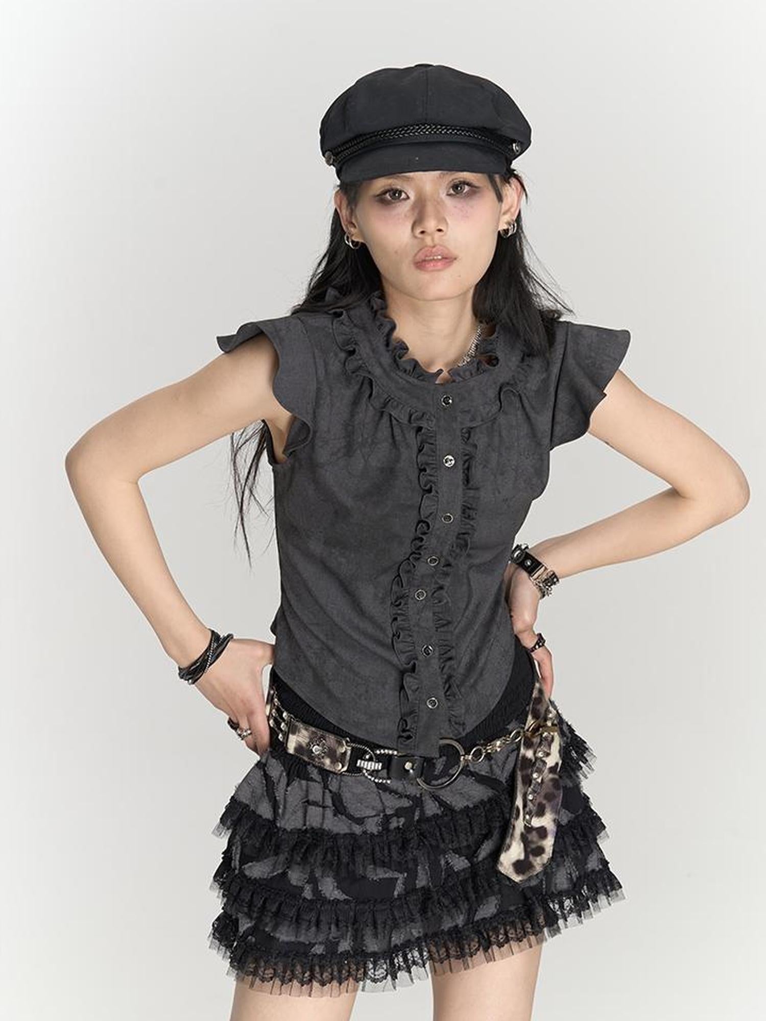 MOMSYCAN FOX LINE Fluttery Lace Trim Sleeveless Blouse Seaside Breeze