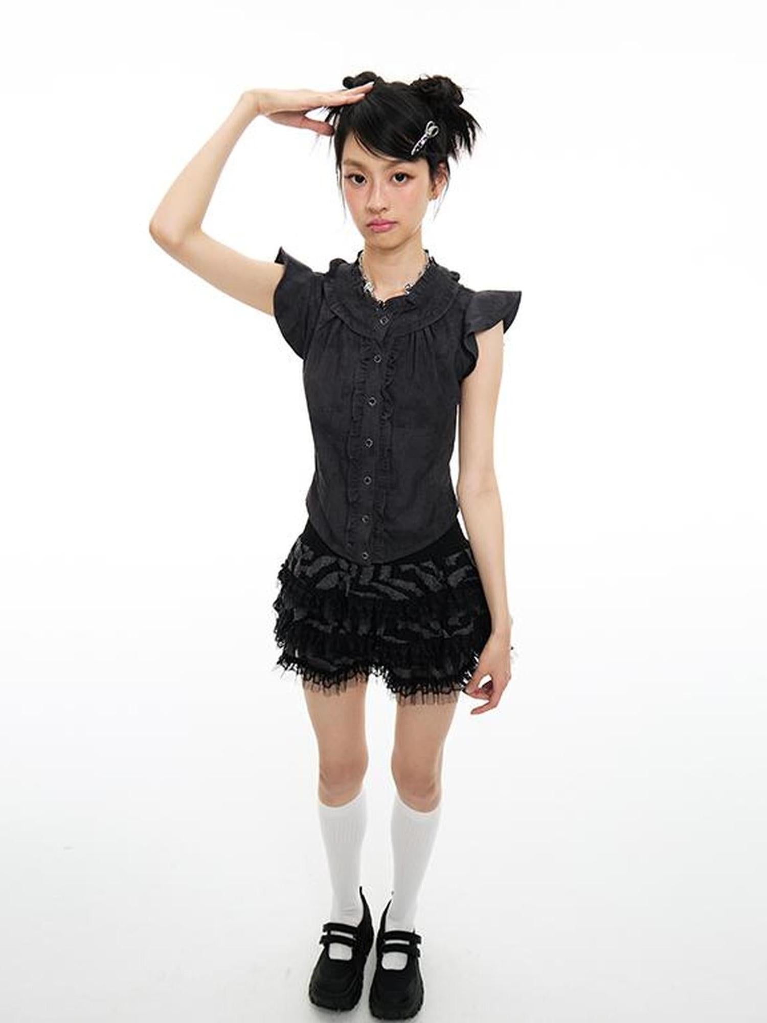 MOMSYCAN FOX LINE Fluttery Lace Trim Sleeveless Blouse Seaside Breeze