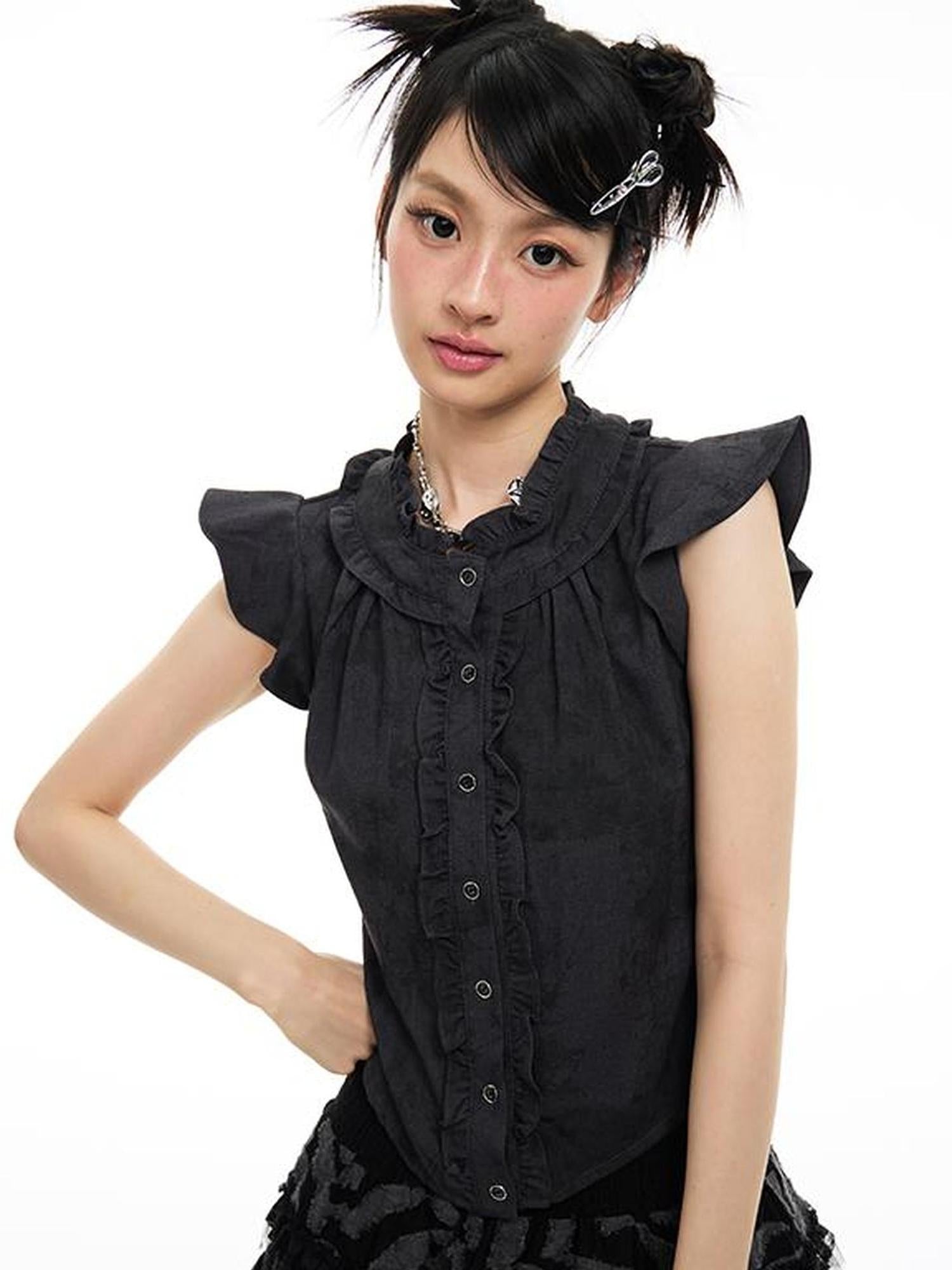 MOMSYCAN FOX LINE Fluttery Lace Trim Sleeveless Blouse Seaside Breeze