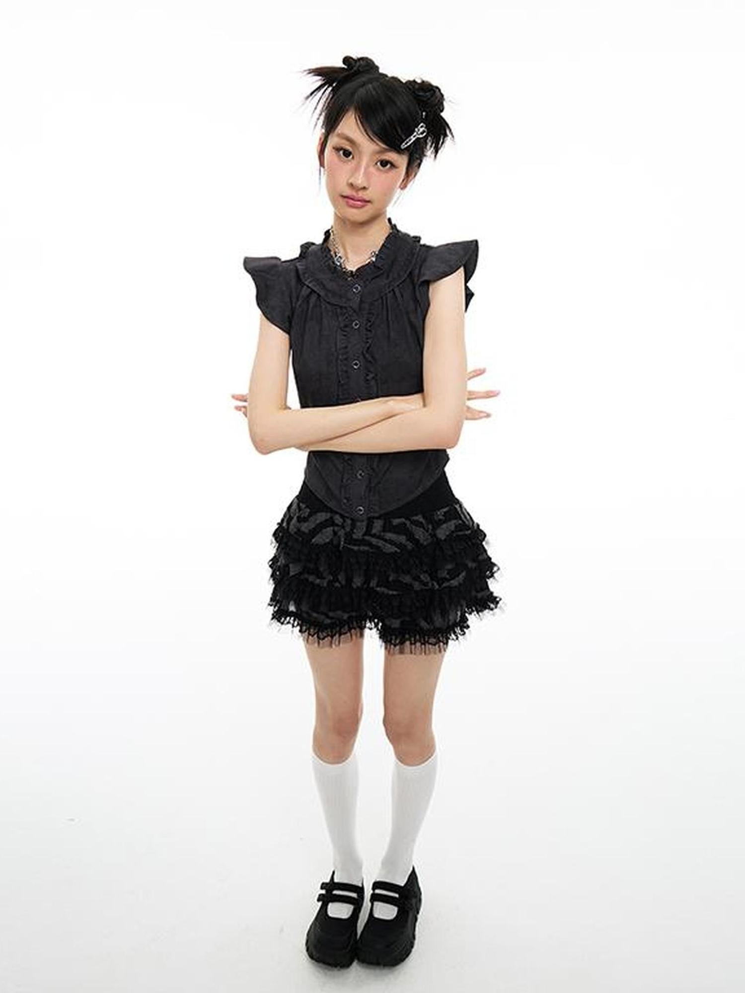 MOMSYCAN FOX LINE Fluttery Lace Trim Sleeveless Blouse Seaside Breeze