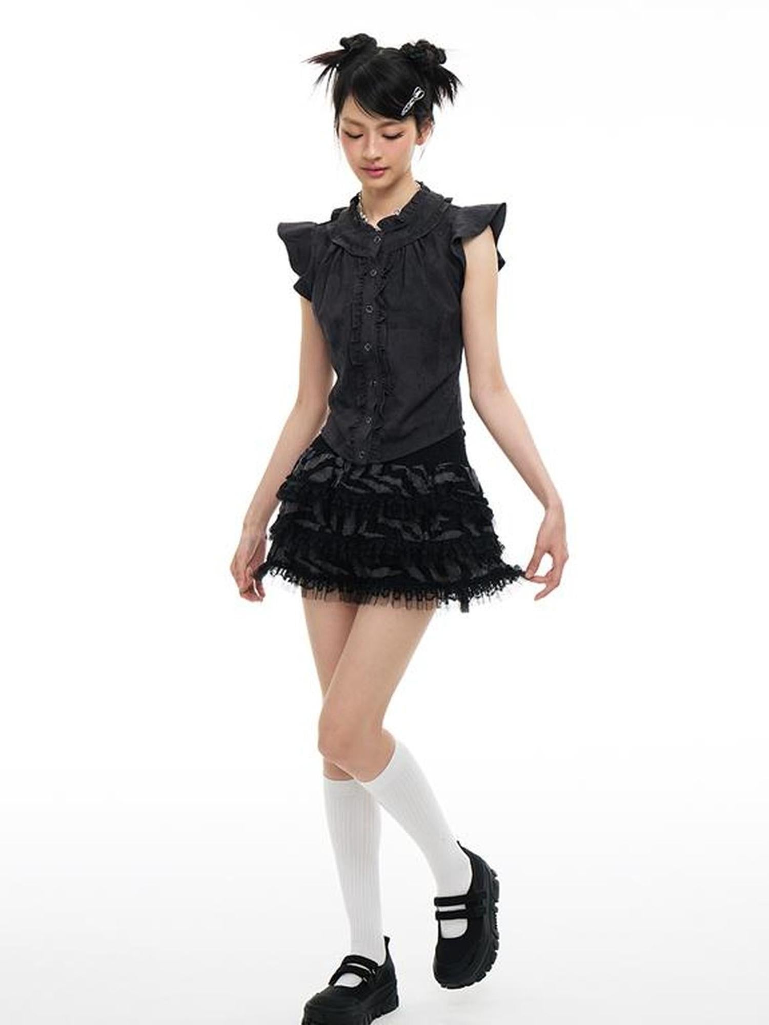 MOMSYCAN FOX LINE Fluttery Lace Trim Sleeveless Blouse Seaside Breeze