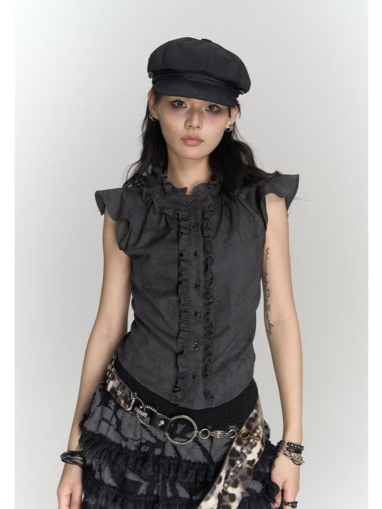 MOMSYCAN FOX LINE Fluttery Lace Trim Sleeveless Blouse Seaside Breeze