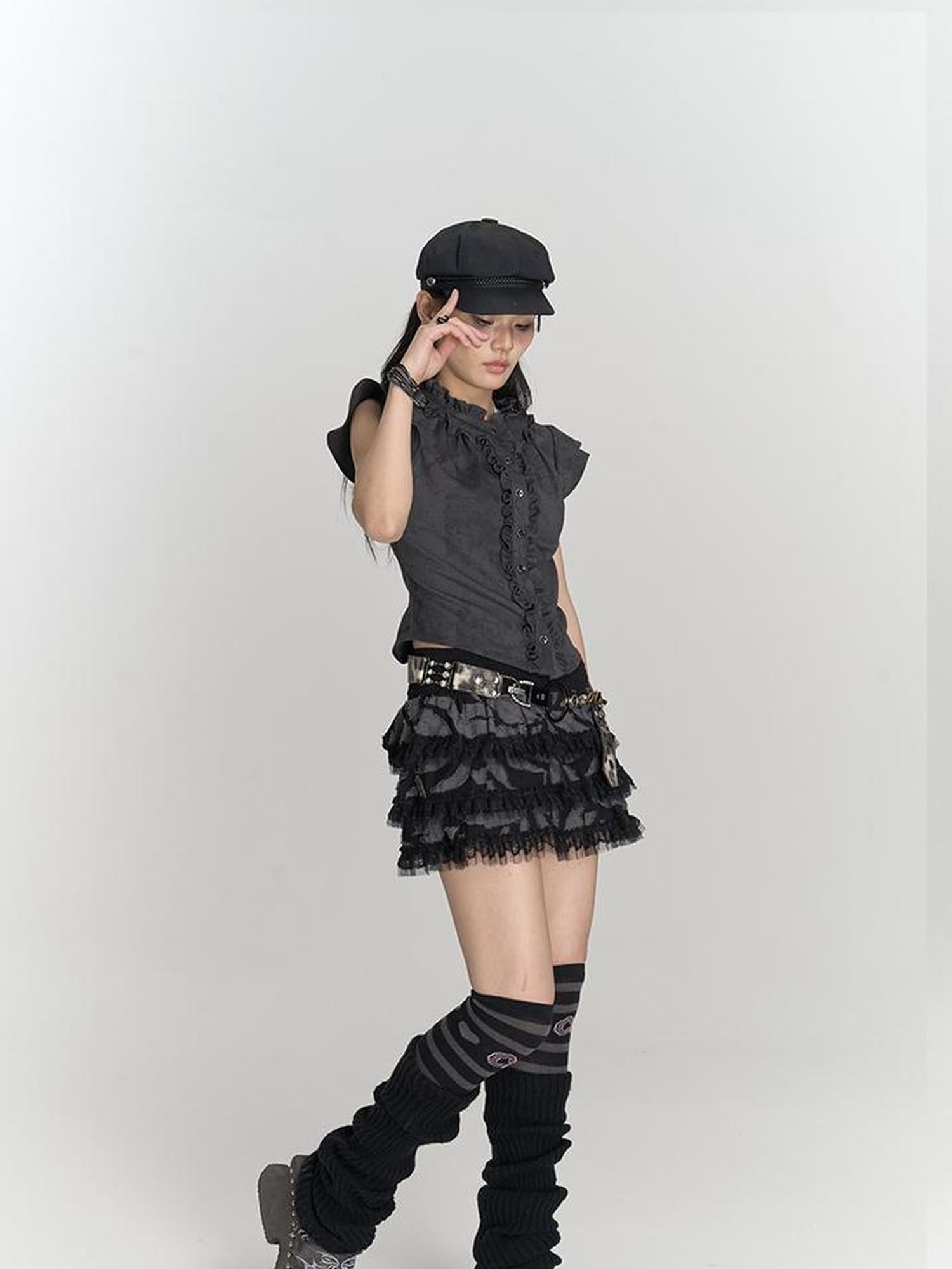 MOMSYCAN FOX LINE Fluttery Lace Trim Sleeveless Blouse Seaside Breeze