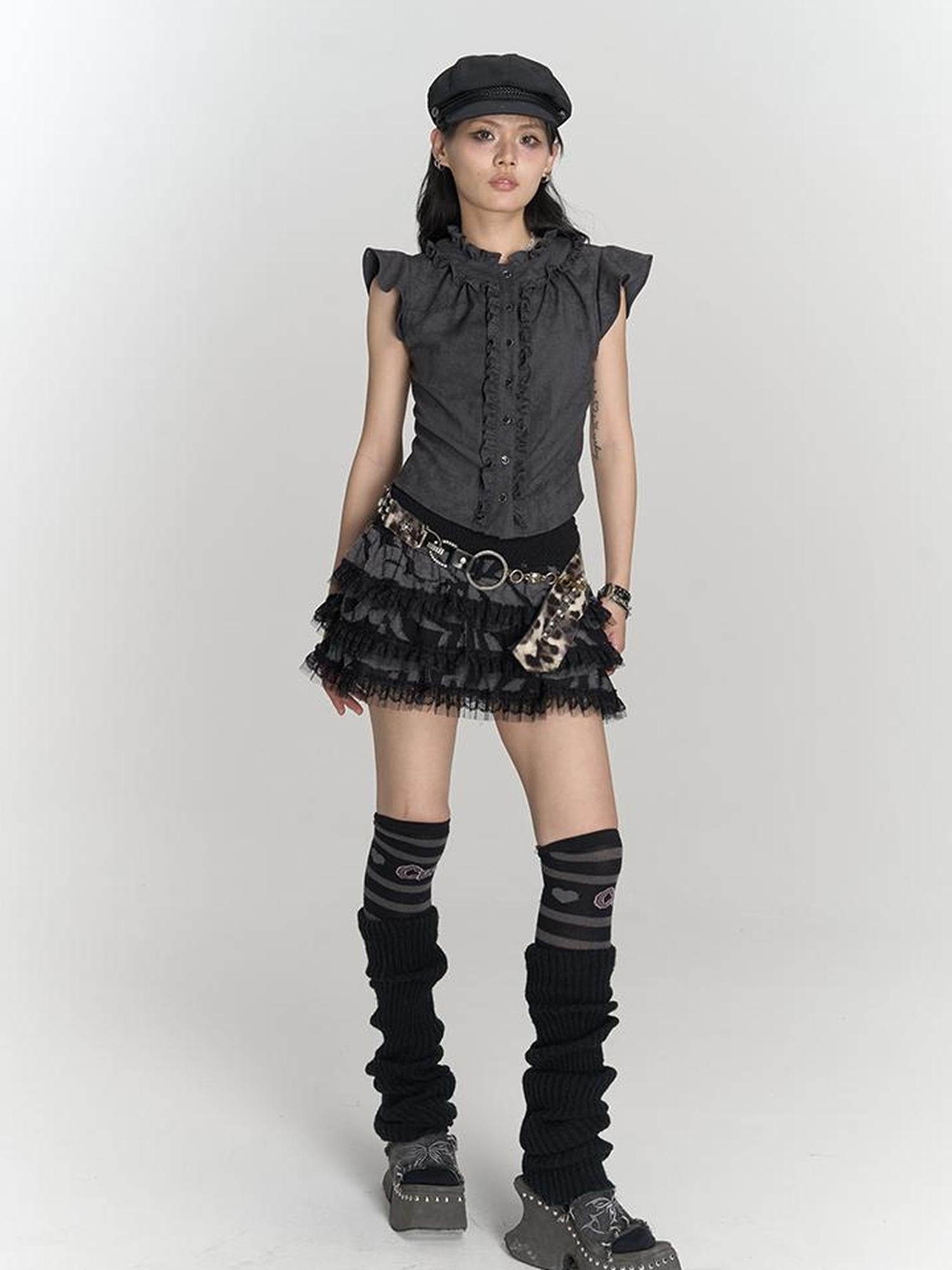 MOMSYCAN FOX LINE Fluttery Lace Trim Sleeveless Blouse Seaside Breeze