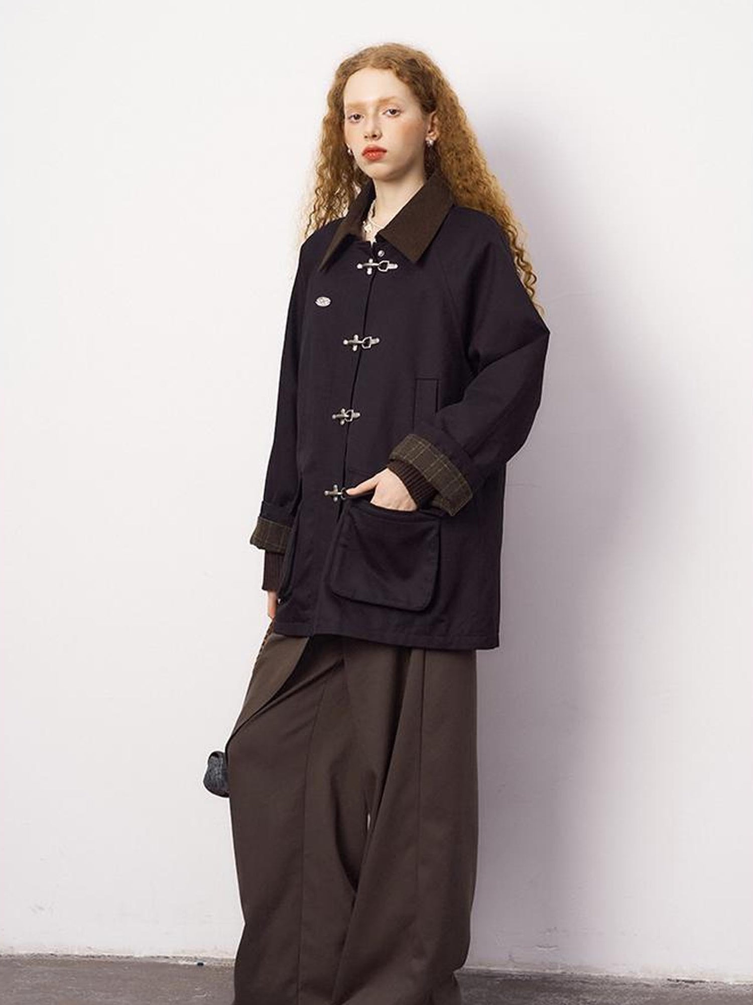 DIDDI MODA Foldable Cuff Metal Button Trench Coat With Corduroy Panels
