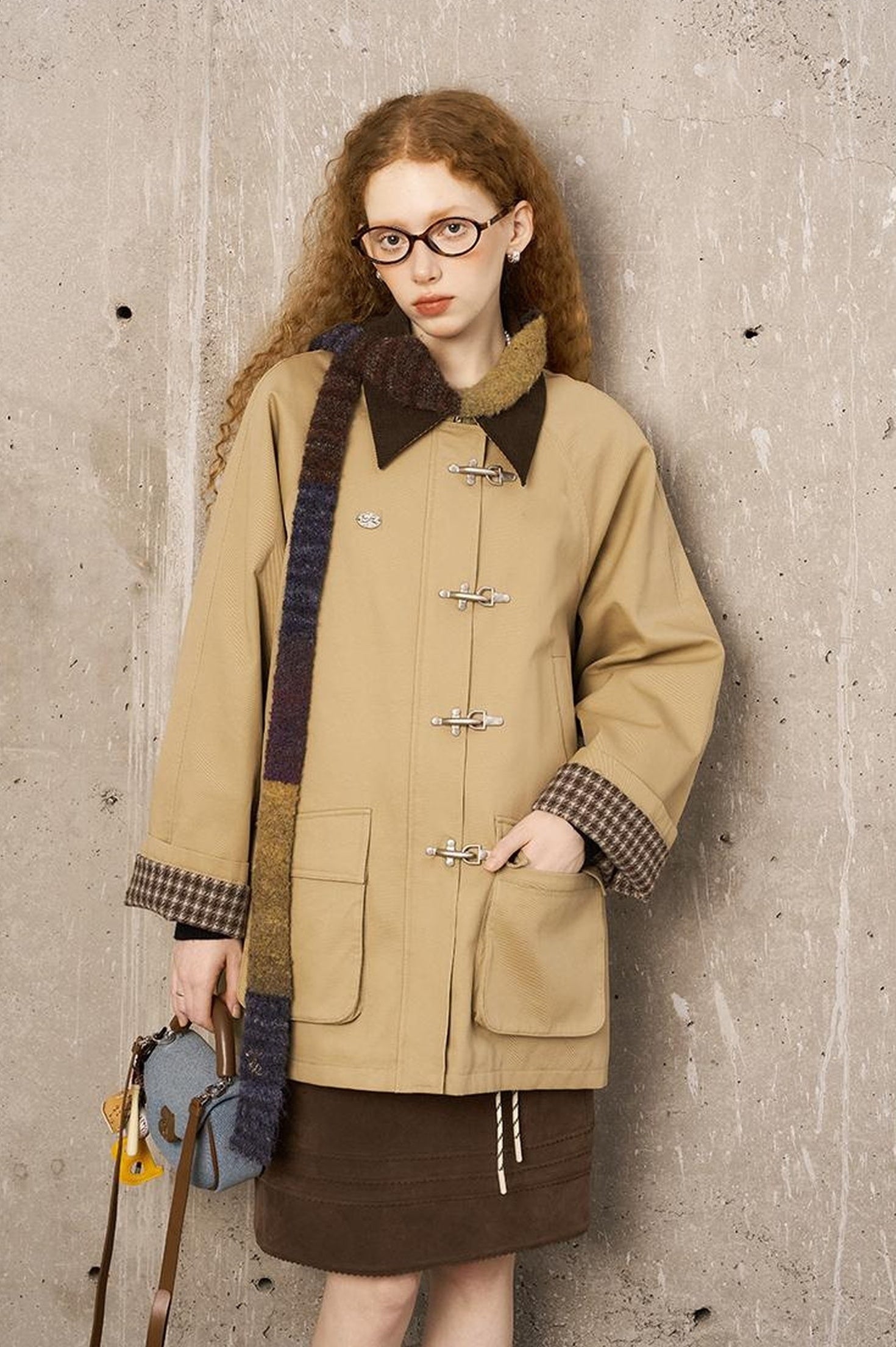 DIDDI MODA Foldable Cuff Metal Button Trench Coat With Corduroy Panels
