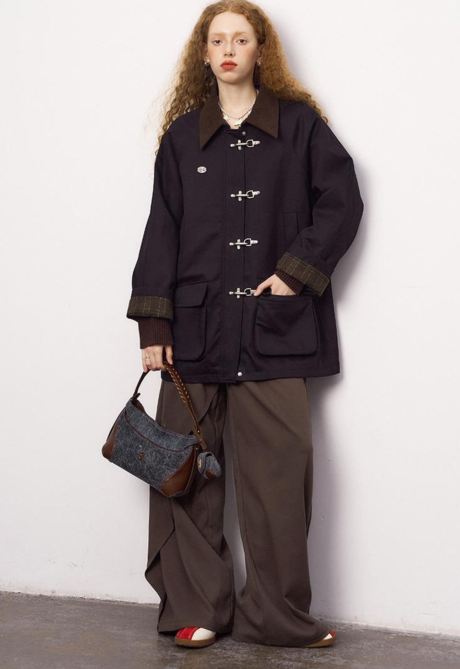 DIDDI MODA Foldable Cuff Metal Button Trench Coat With Corduroy Panels