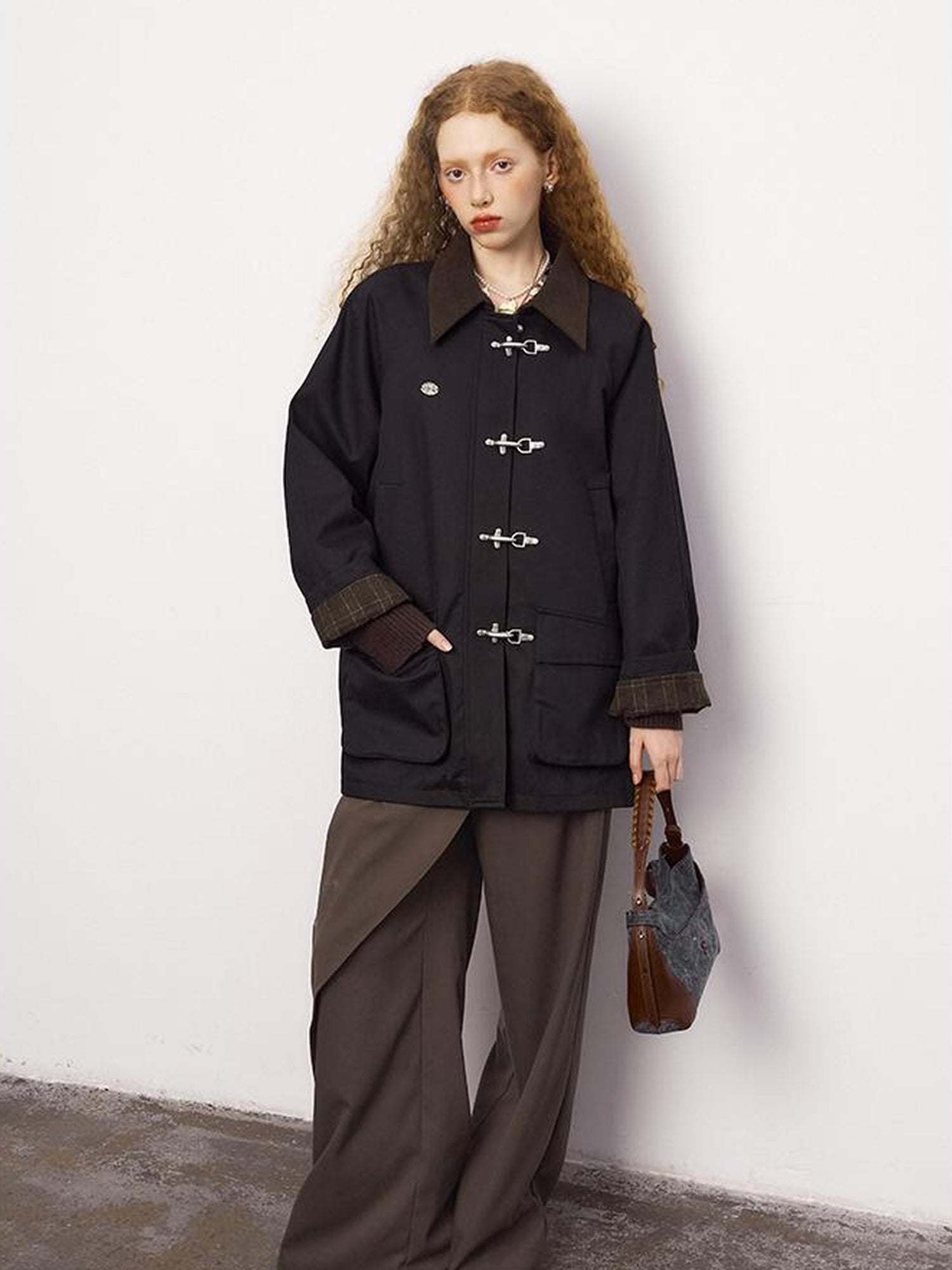 DIDDI MODA Foldable Cuff Metal Button Trench Coat With Corduroy Panels