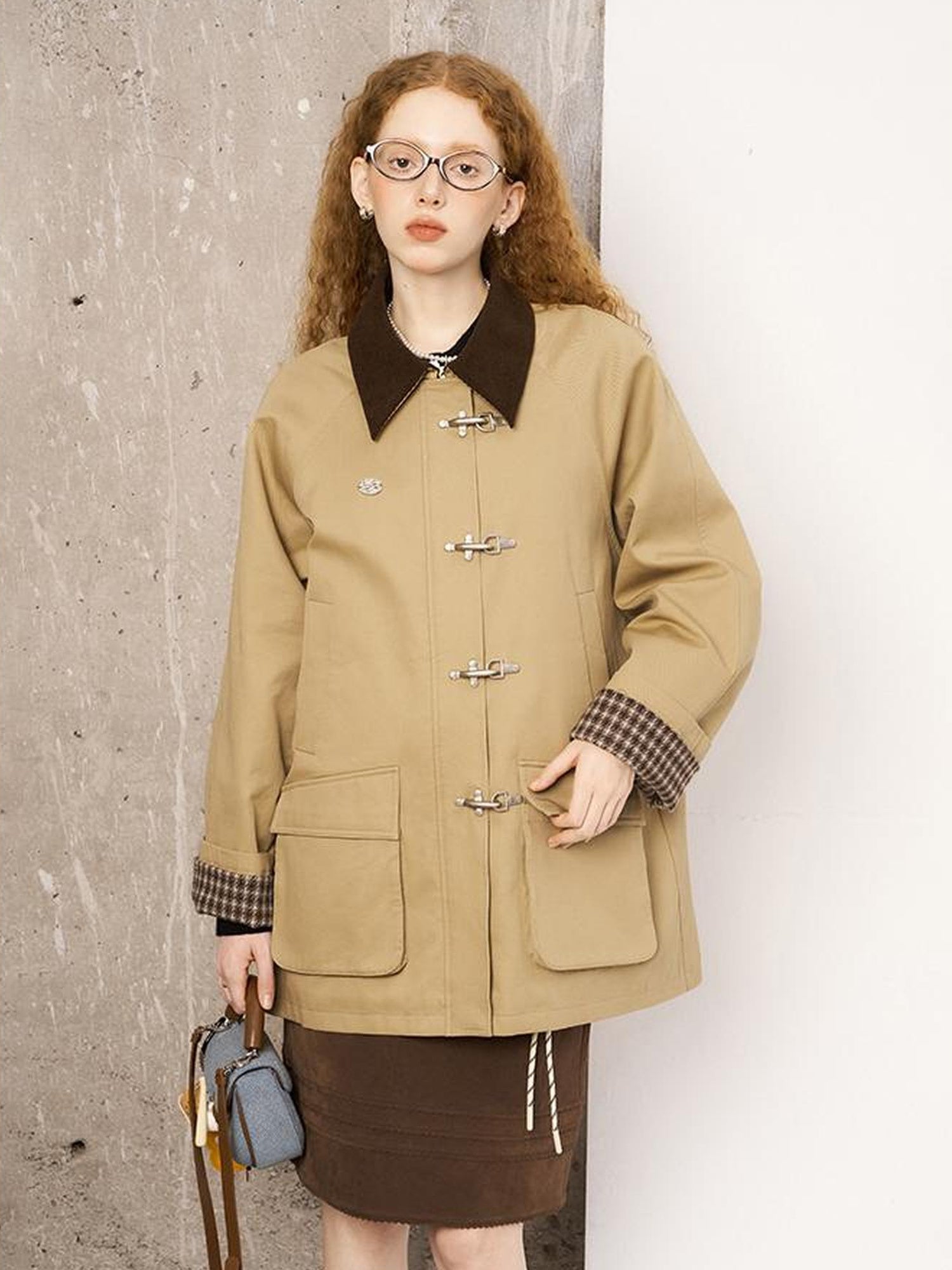 DIDDI MODA Foldable Cuff Metal Button Trench Coat With Corduroy Panels