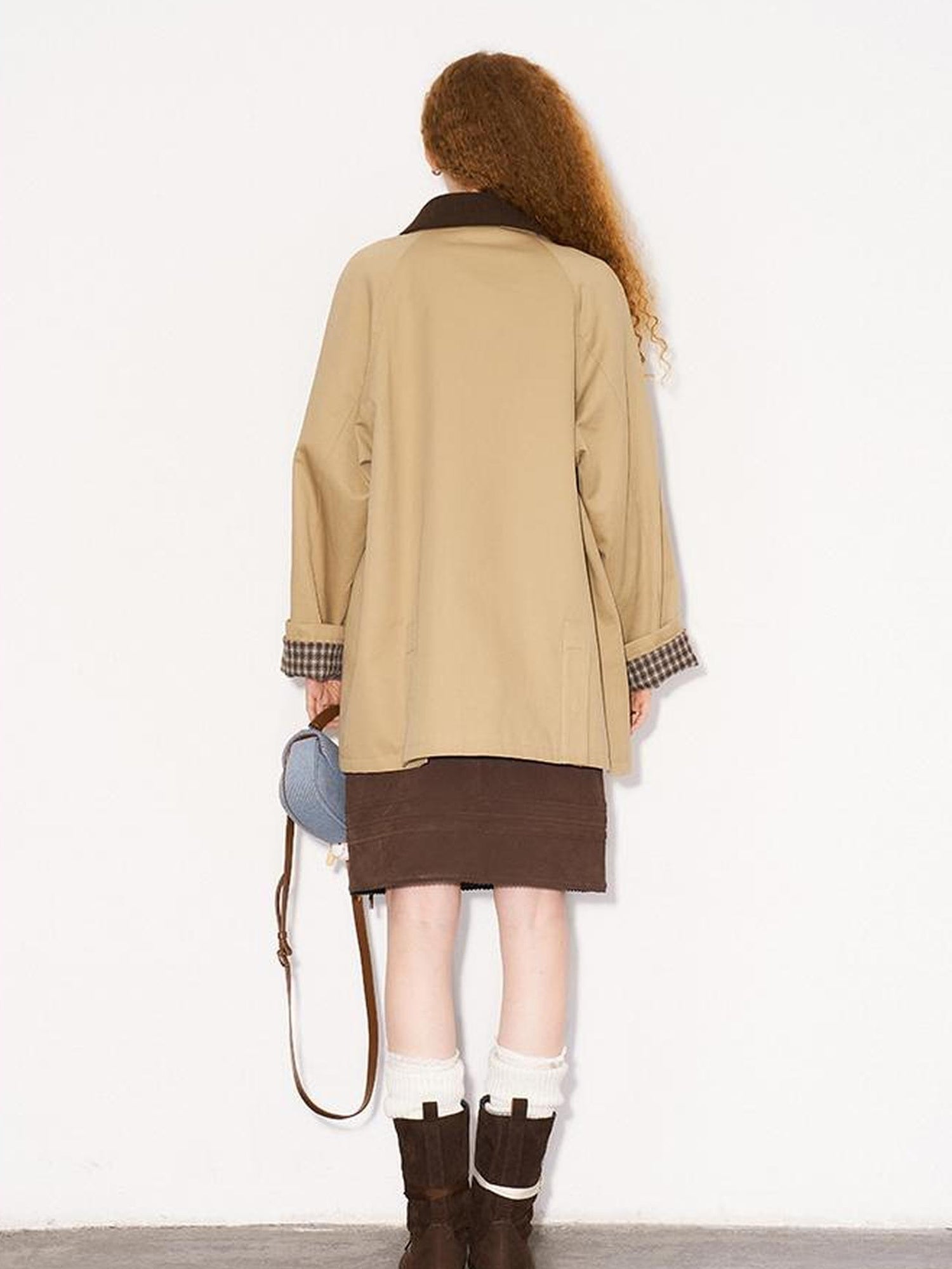 DIDDI MODA Foldable Cuff Metal Button Trench Coat With Corduroy Panels