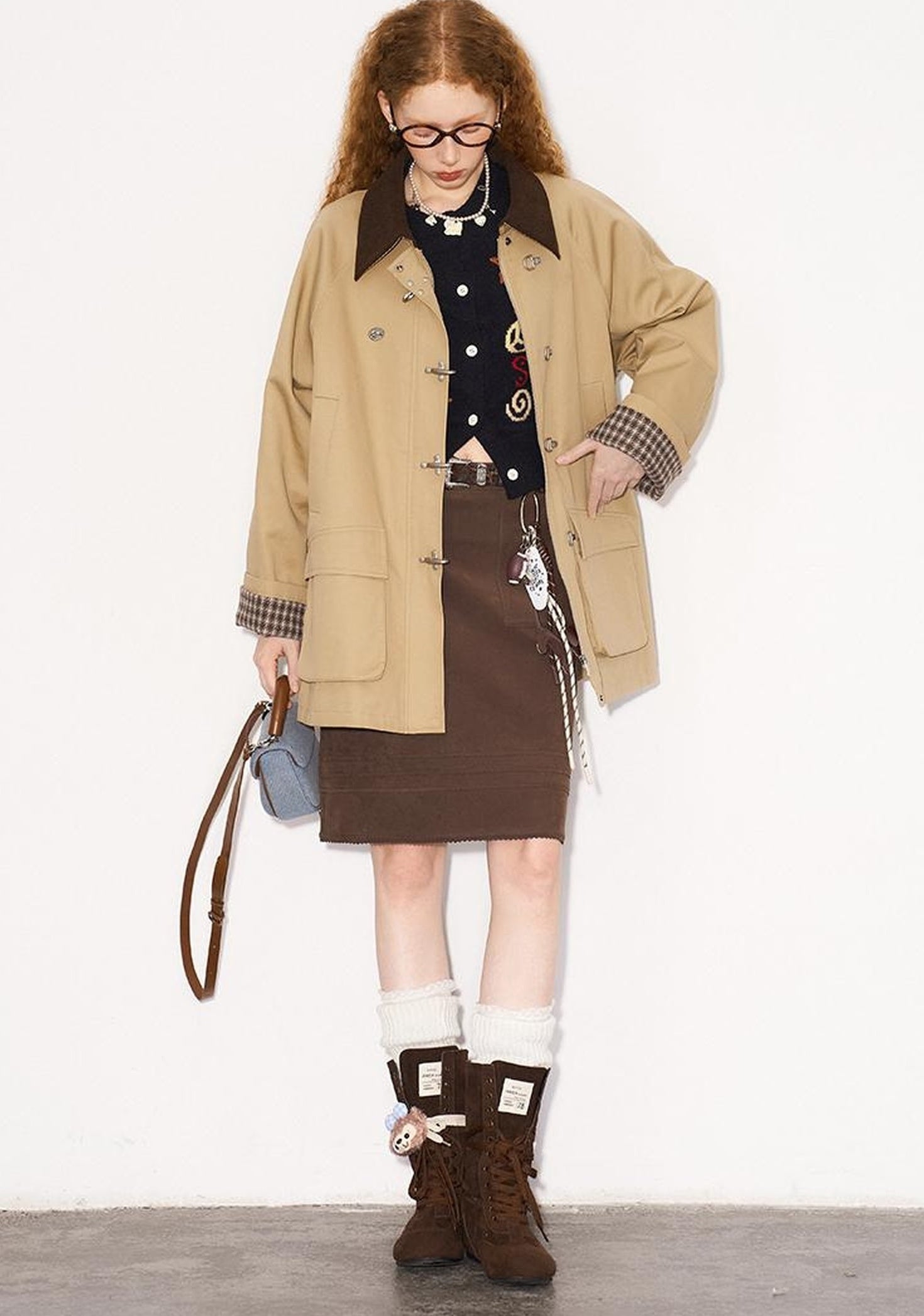 DIDDI MODA Foldable Cuff Metal Button Trench Coat With Corduroy Panels