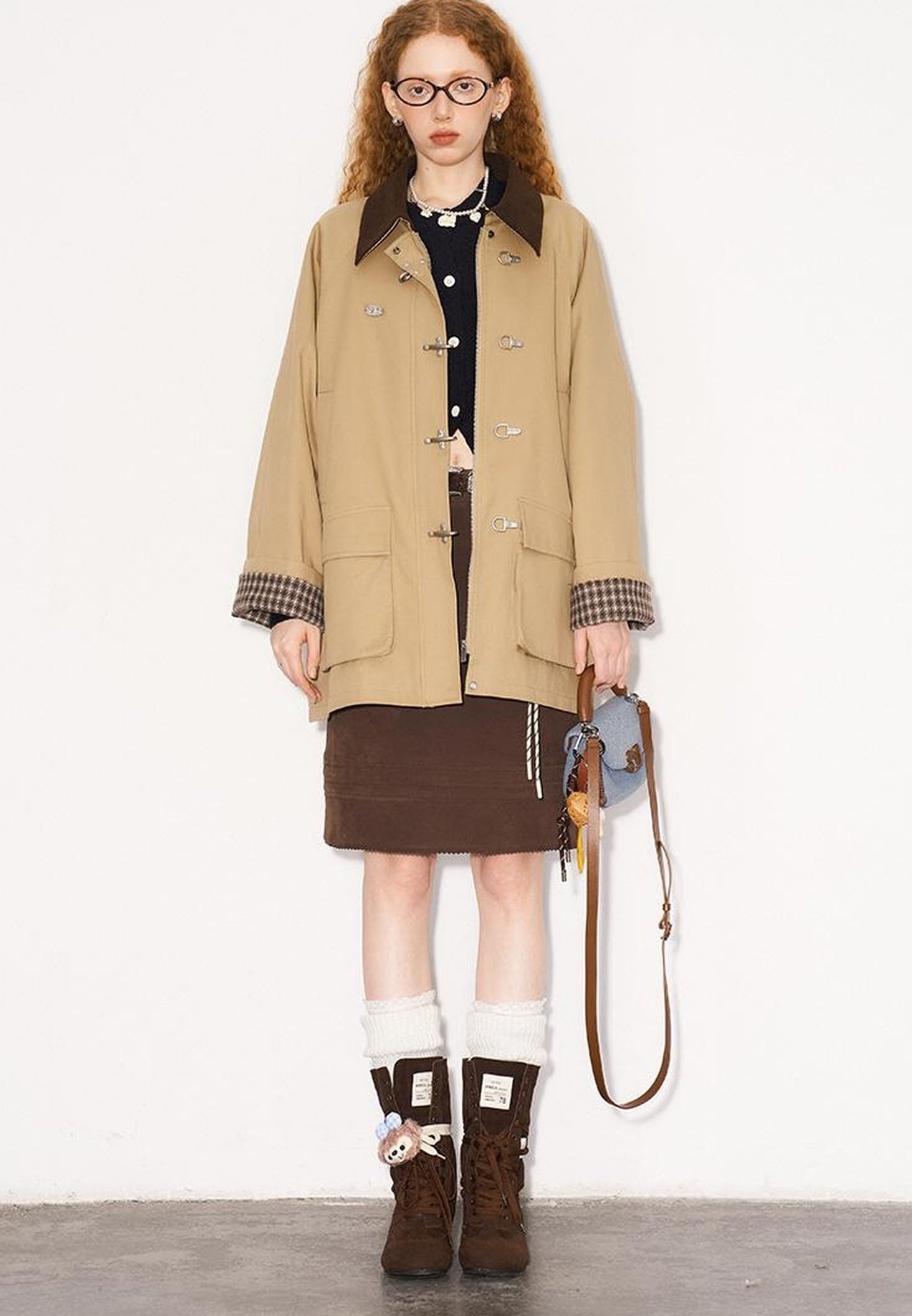 DIDDI MODA Foldable Cuff Metal Button Trench Coat With Corduroy Panels