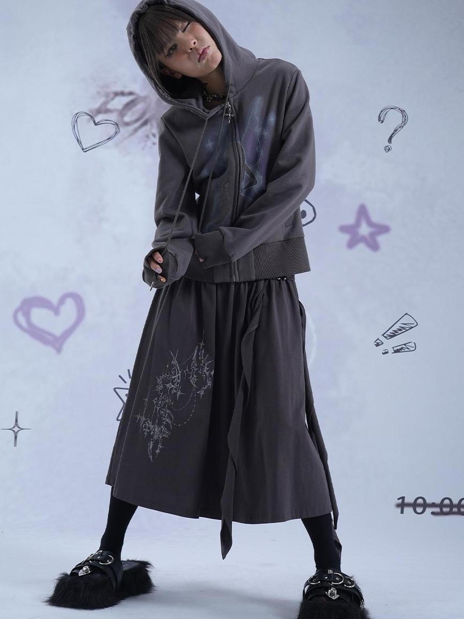 MOMSYCAN FOX LINE Fox Line Light Asian Style Graffiti Print A Line Midi Skirt