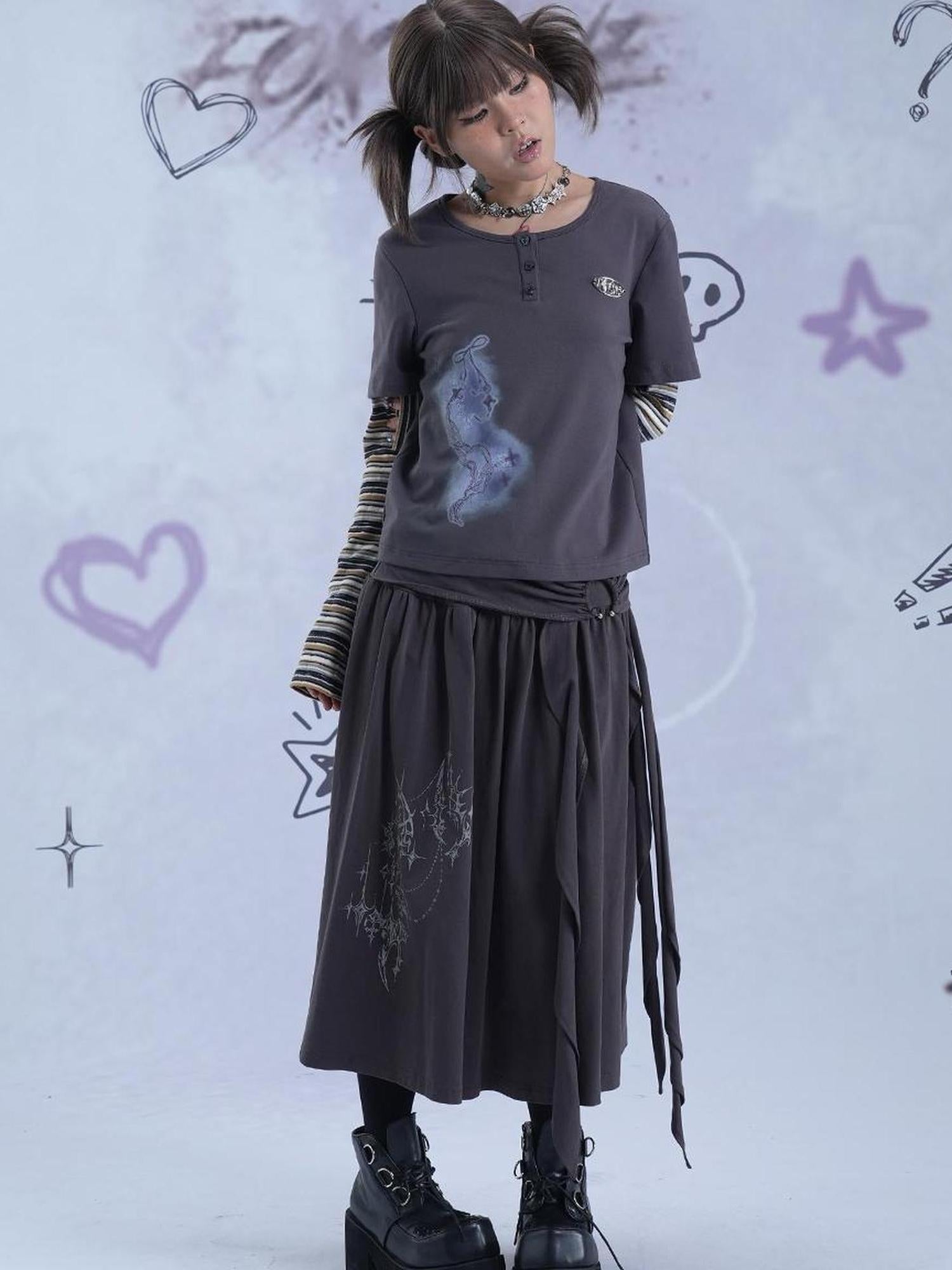 MOMSYCAN FOX LINE Fox Line Light Asian Style Graffiti Print A Line Midi Skirt