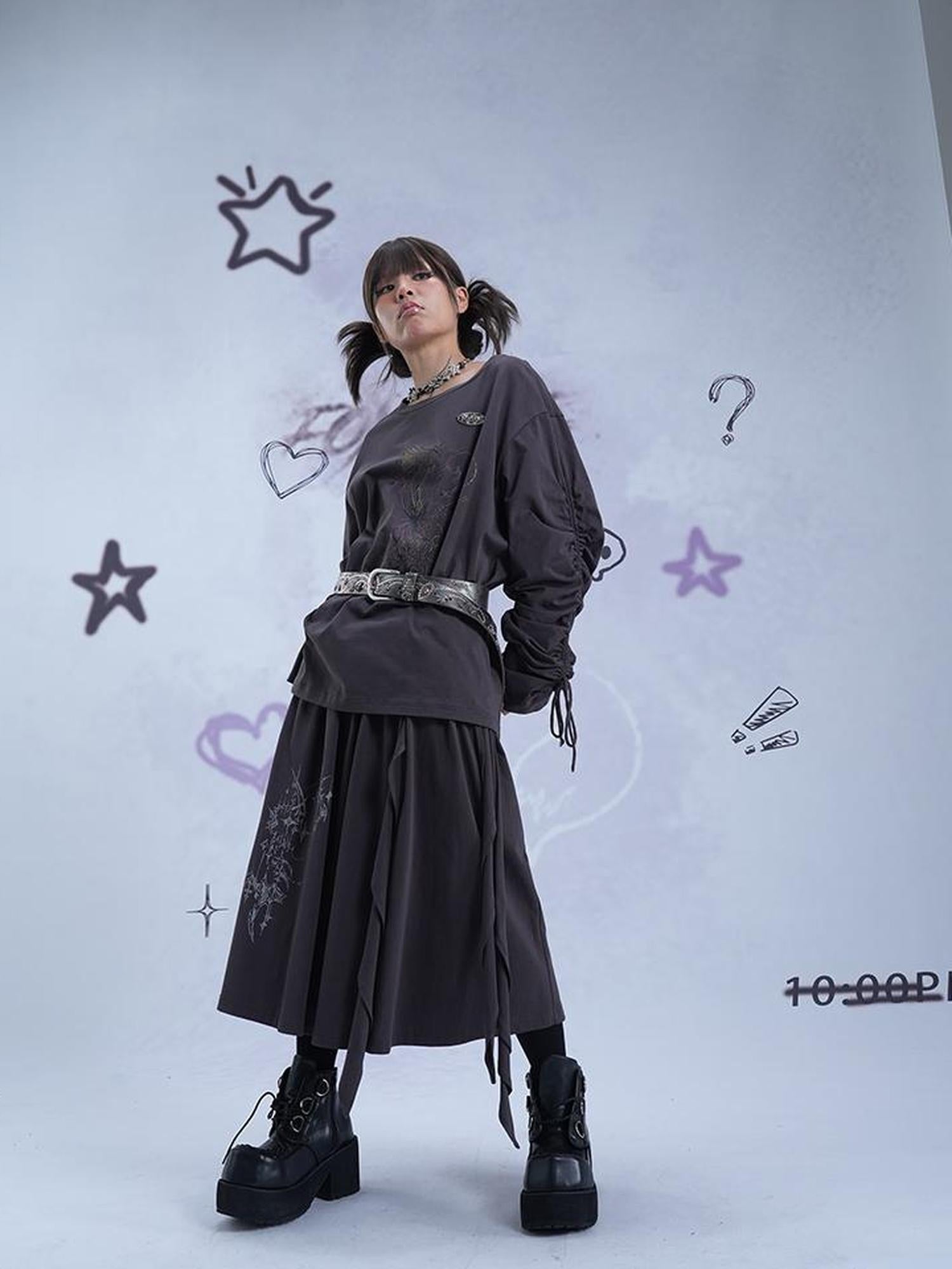 MOMSYCAN FOX LINE Fox Line Light Asian Style Graffiti Print A Line Midi Skirt