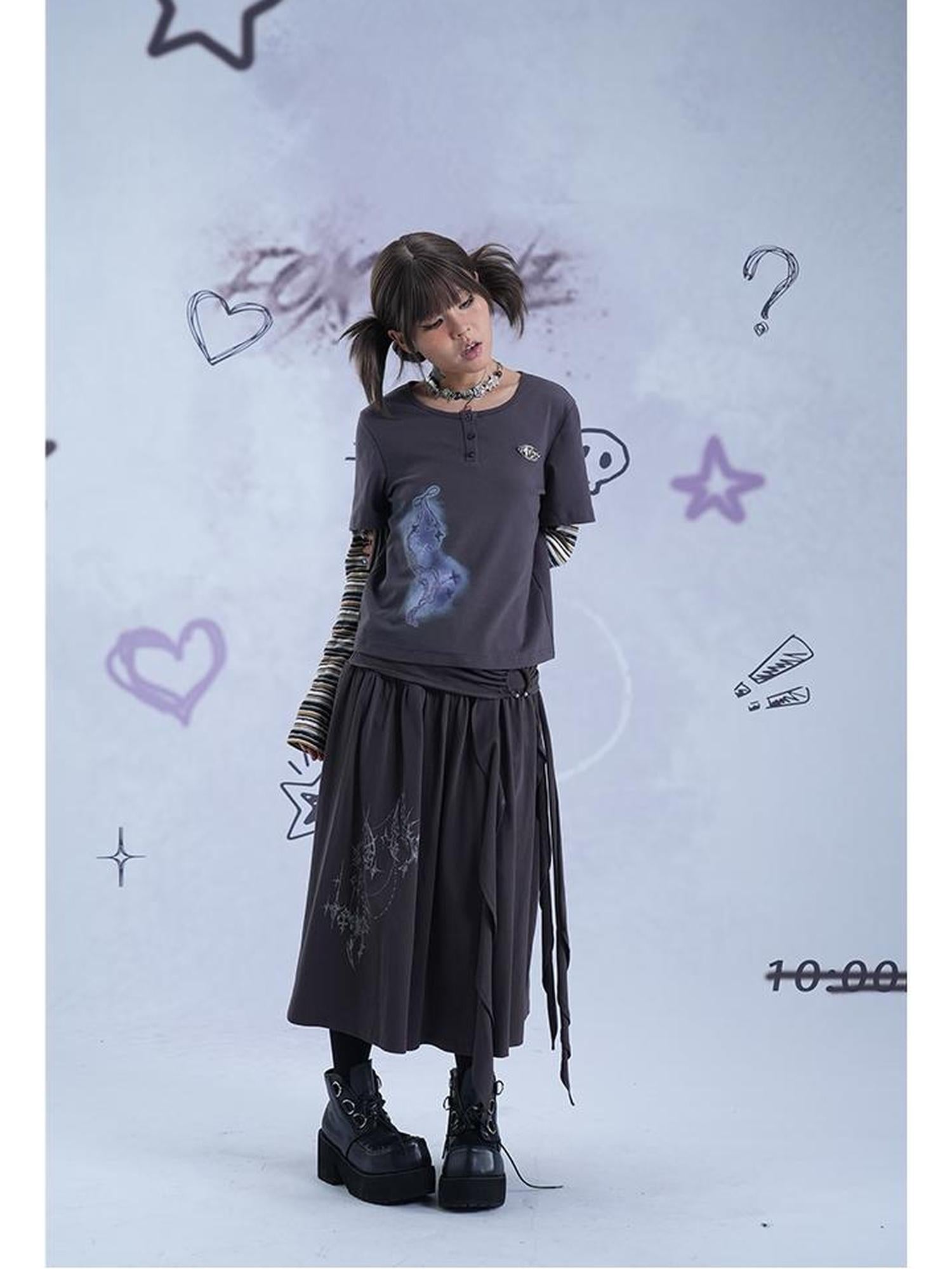 MOMSYCAN FOX LINE Fox Line Light Asian Style Graffiti Print A Line Midi Skirt