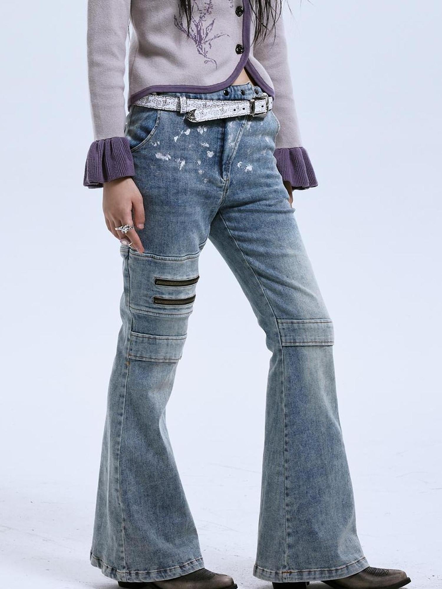 MOMSYCAN FOX LINE Fox Line Slim Flare Silver Wash Low Rise Jeans