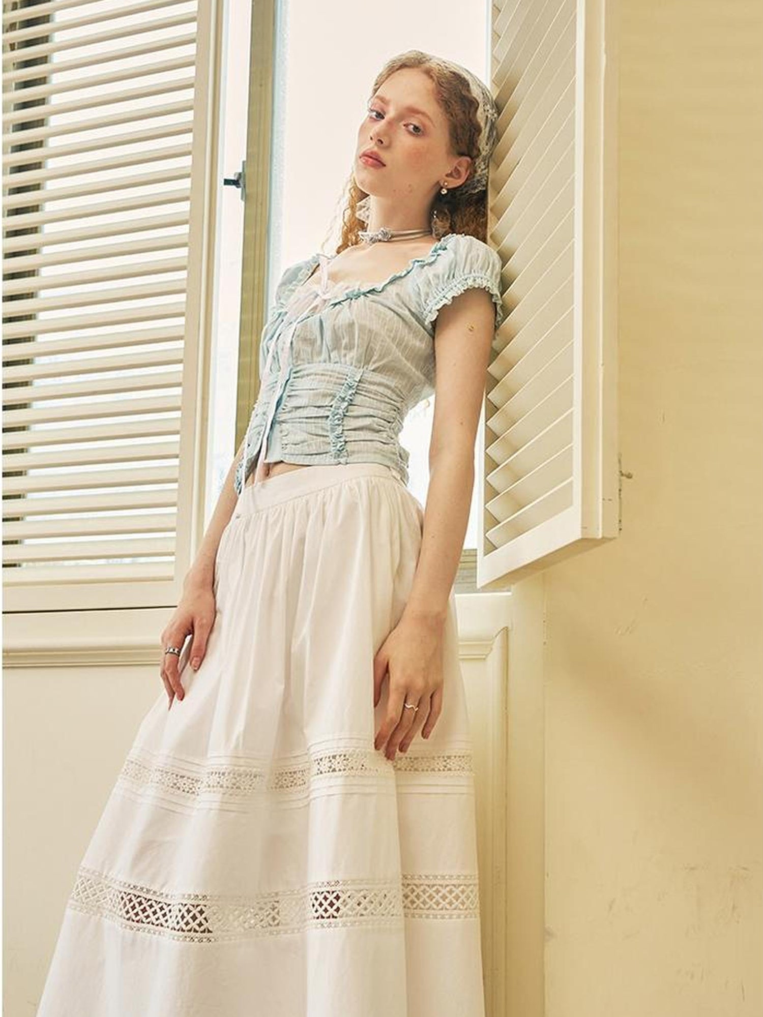 DIDDI MODA French Cotton Lace Trim Ruffled Fit Short Sleeve Blouse