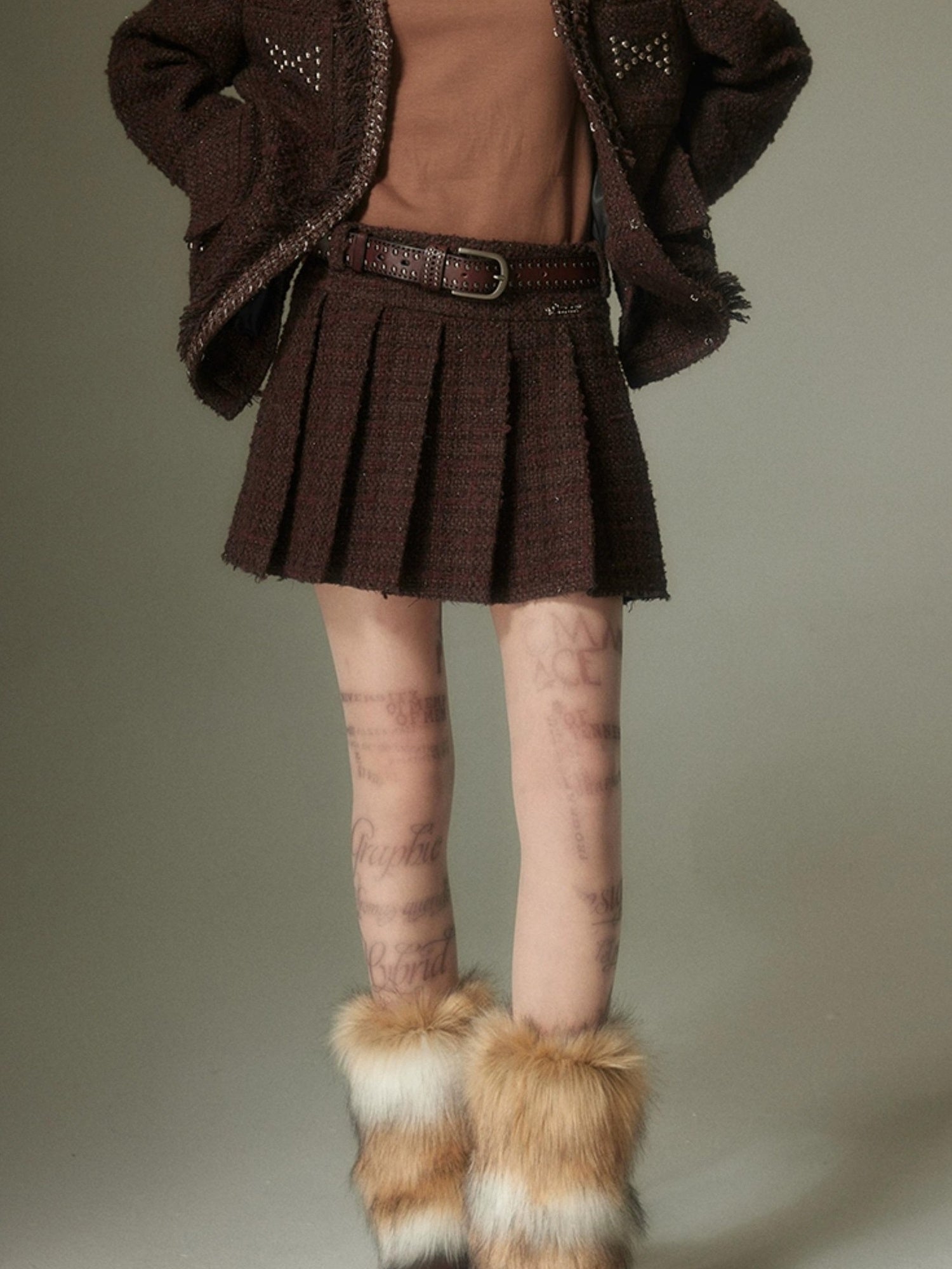 DIDDI MODA French Retro Brown Studded Sequin Suit Set