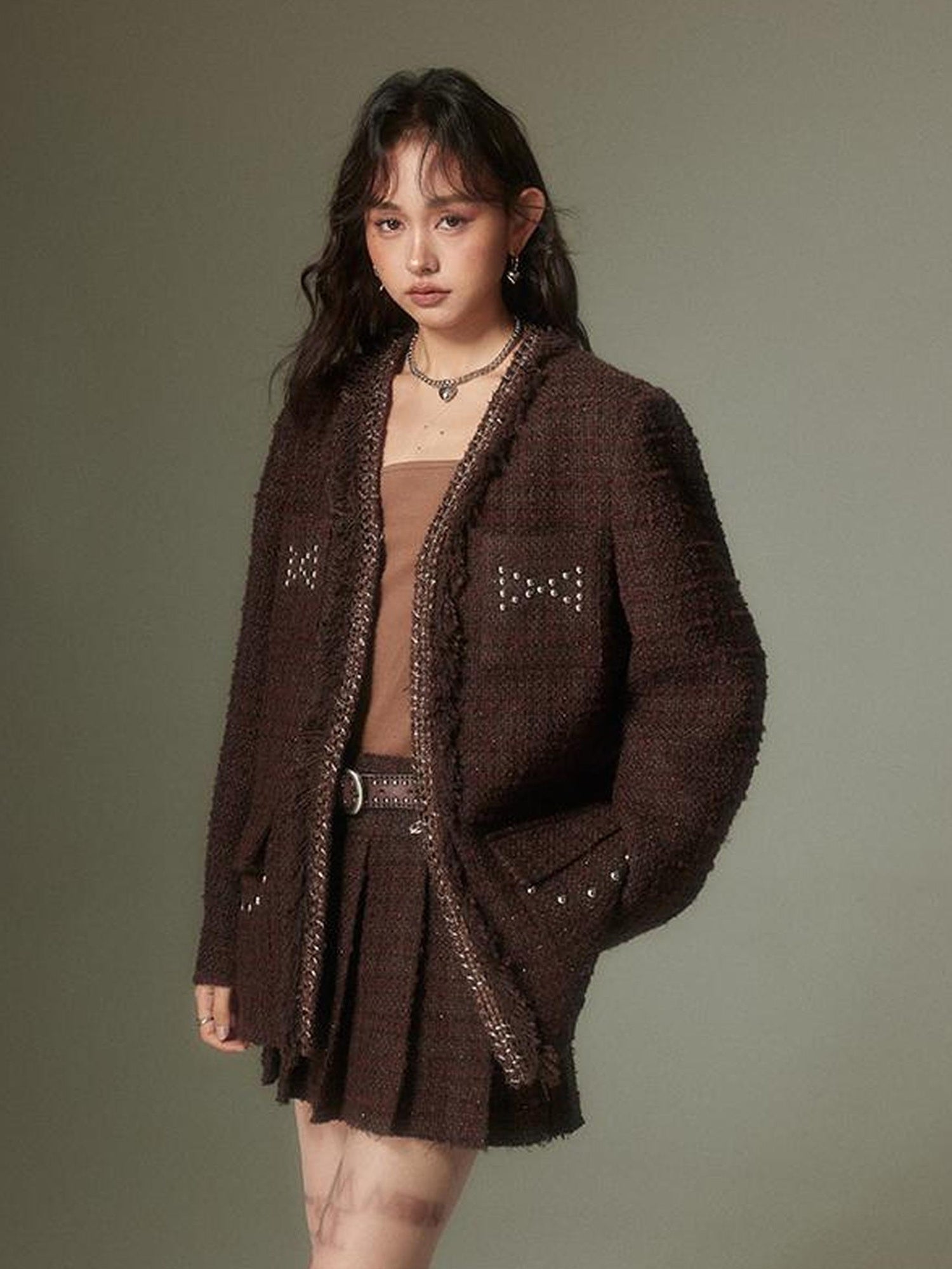 DIDDI MODA French Retro Brown Studded Sequin Suit Set