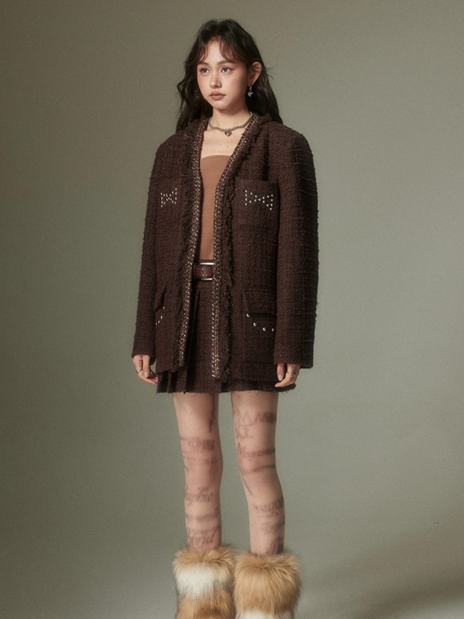 DIDDI MODA French Retro Brown Studded Sequin Suit Set