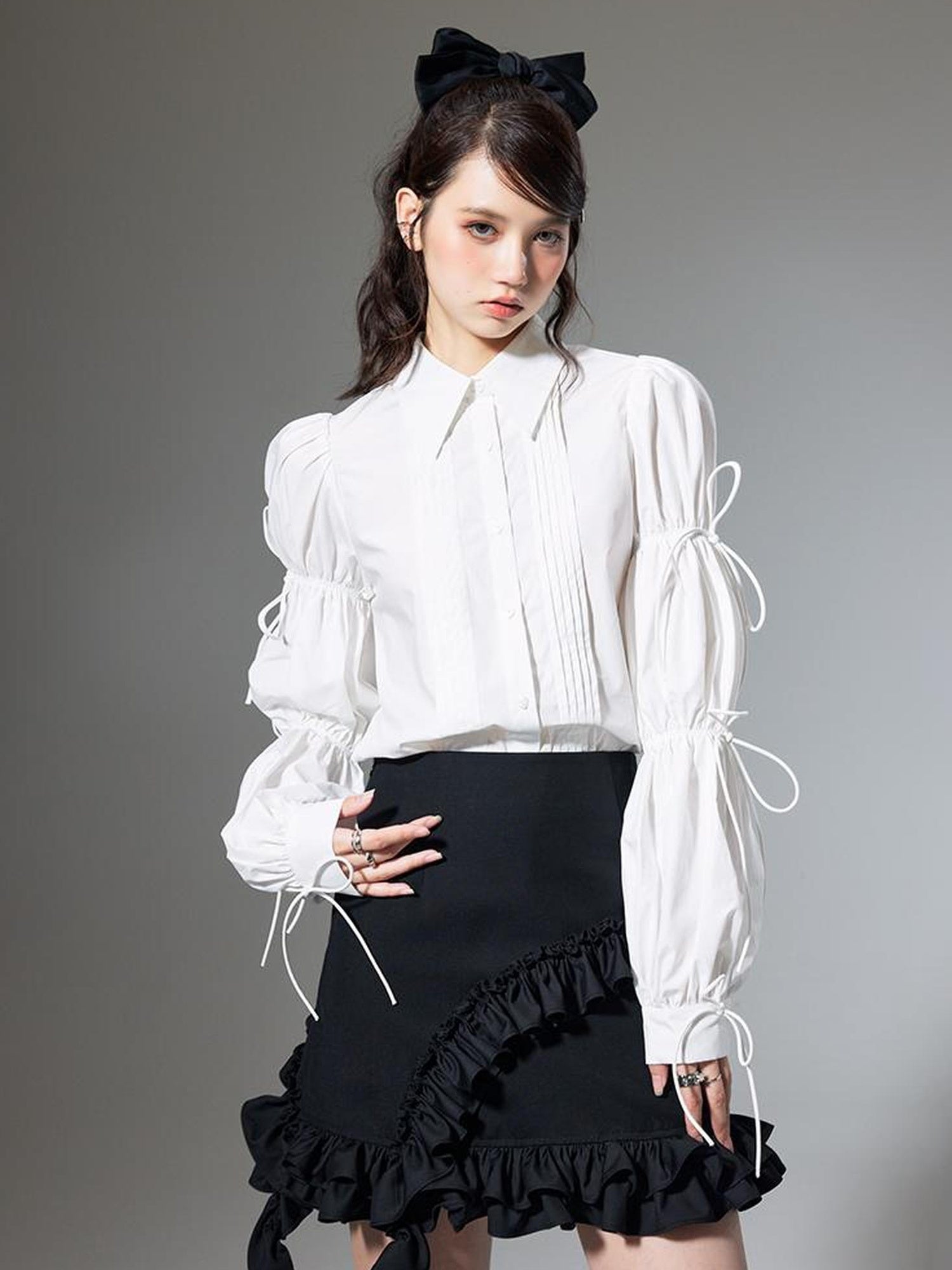 DIDDI MODA French Retro Puff Sleeve White Cotton Blouse With Ruffles Shell Buttons