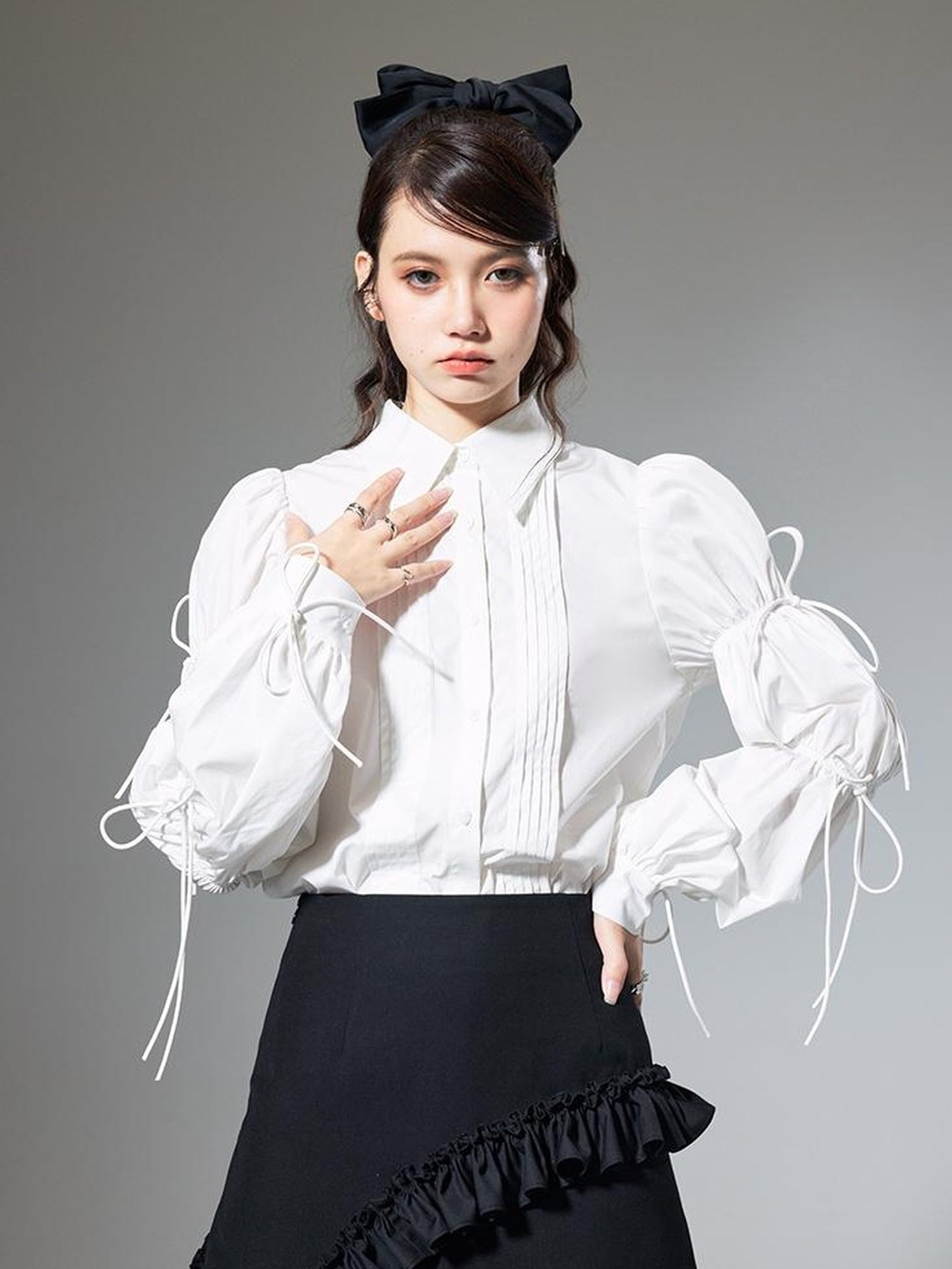 DIDDI MODA French Retro Puff Sleeve White Cotton Blouse With Ruffles Shell Buttons