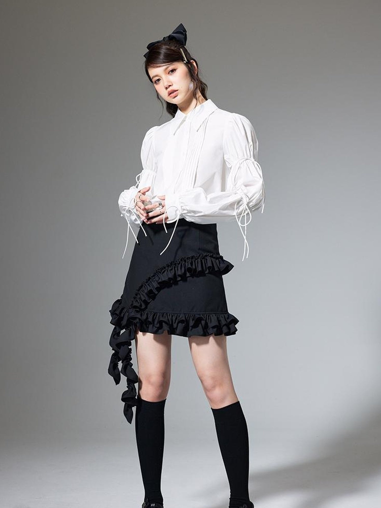 DIDDI MODA French Retro Puff Sleeve White Cotton Blouse With Ruffles Shell Buttons