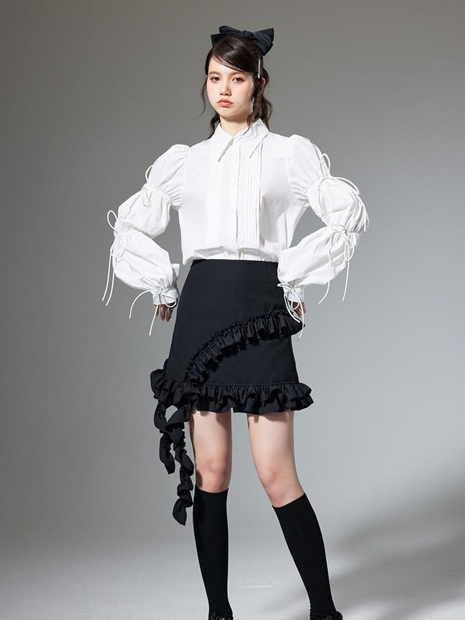DIDDI MODA French Retro Puff Sleeve White Cotton Blouse With Ruffles Shell Buttons
