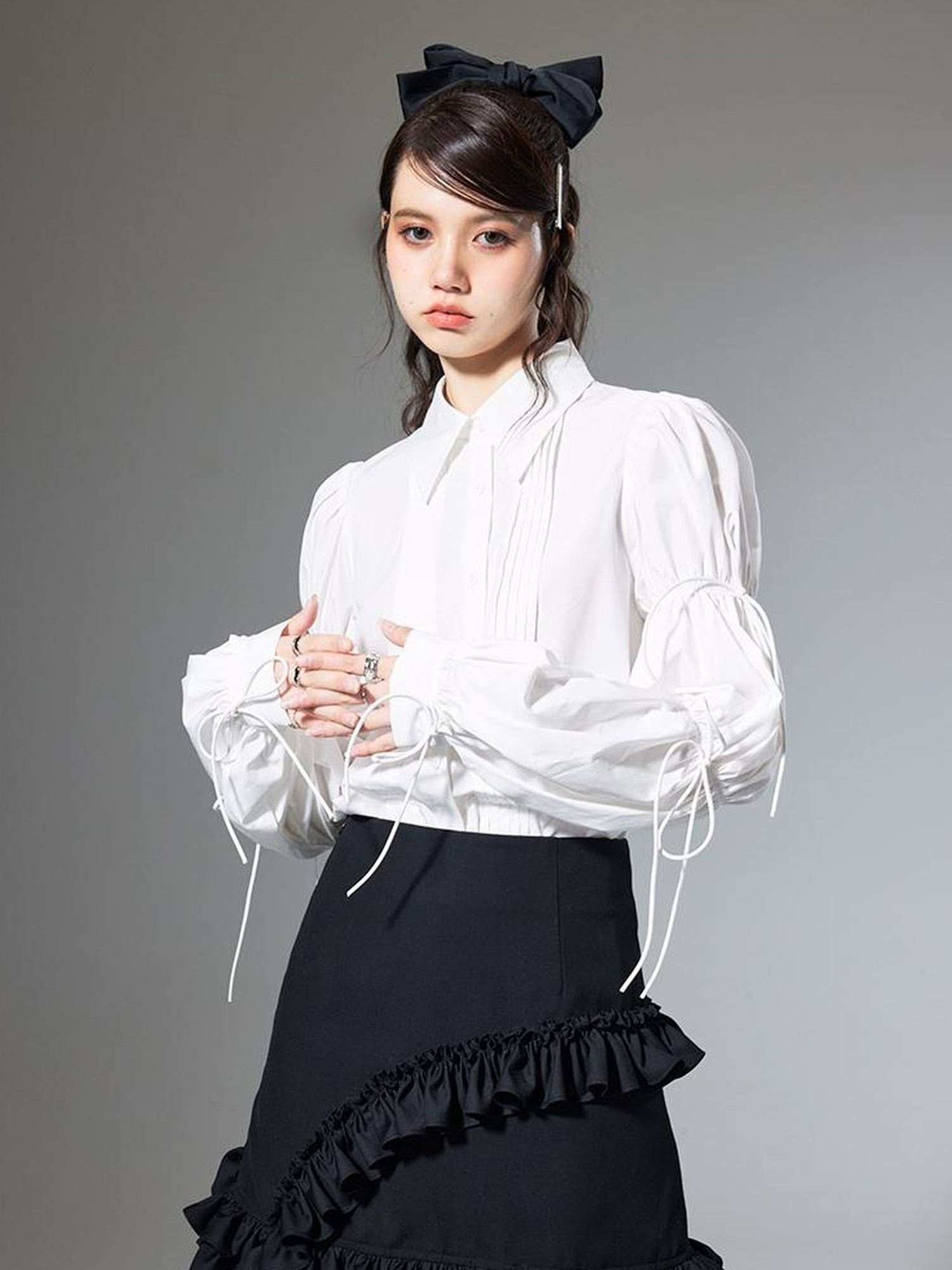 DIDDI MODA French Retro Puff Sleeve White Cotton Blouse With Ruffles Shell Buttons