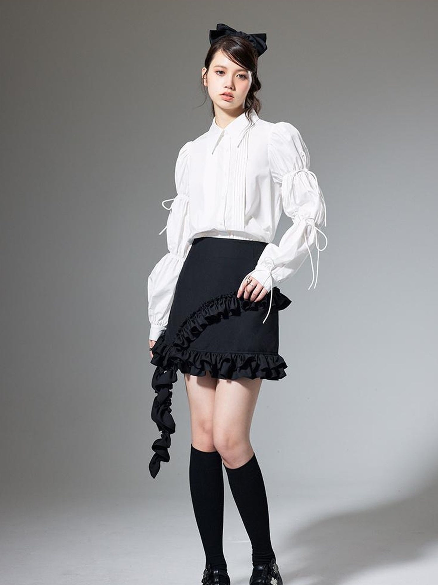 DIDDI MODA French Retro Puff Sleeve White Cotton Blouse With Ruffles Shell Buttons