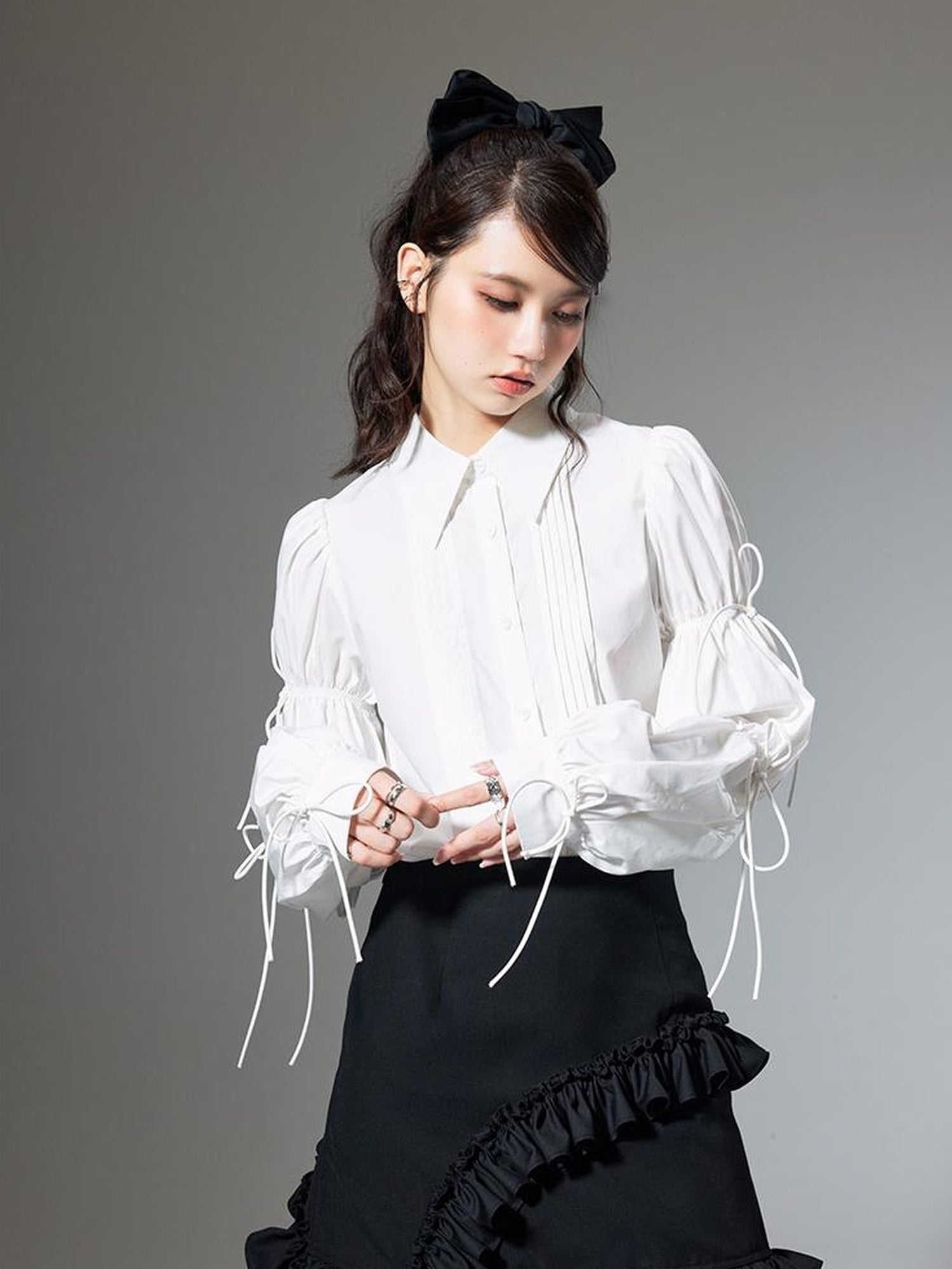 DIDDI MODA French Retro Puff Sleeve White Cotton Blouse With Ruffles Shell Buttons