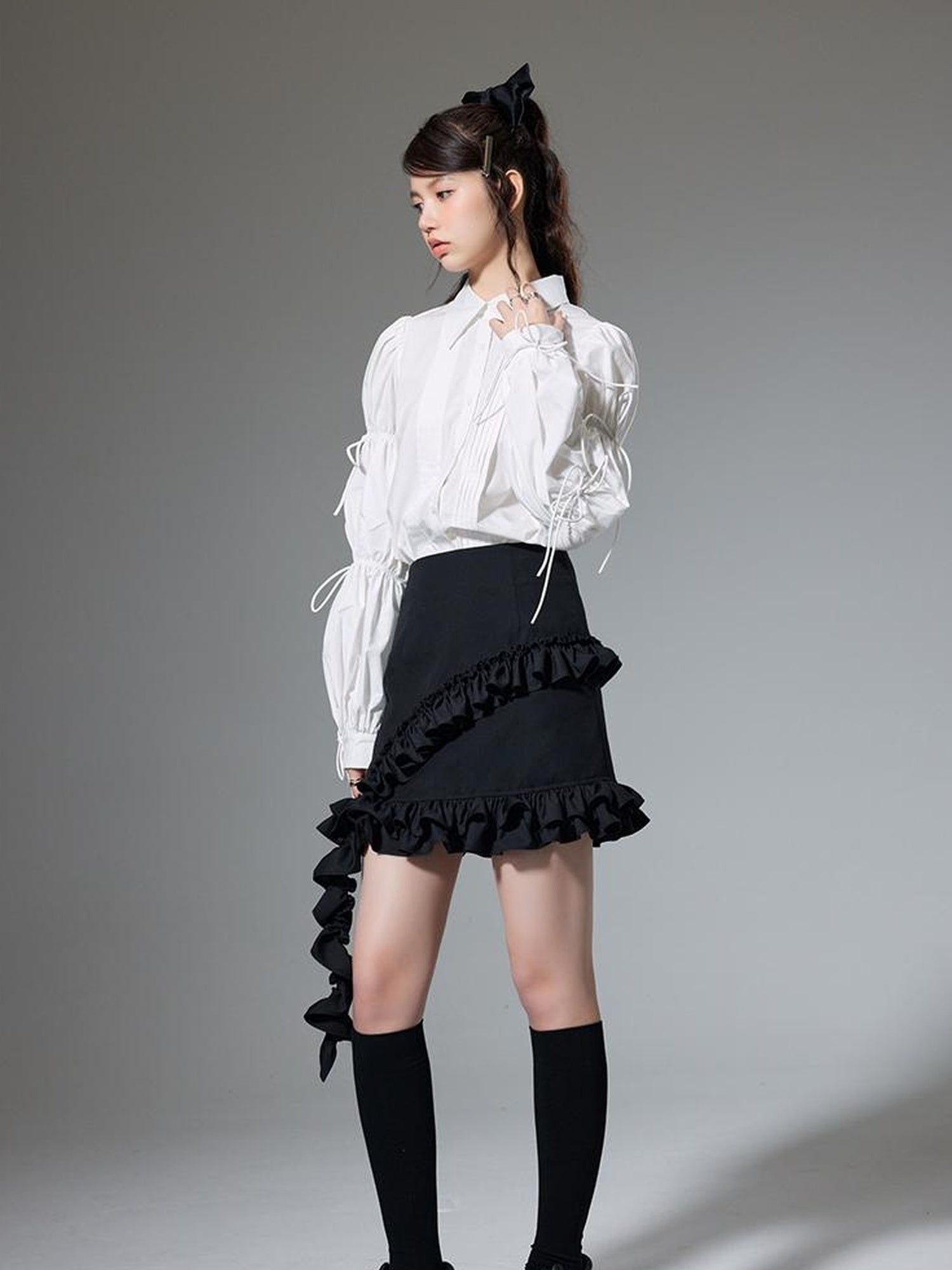 DIDDI MODA French Retro Puff Sleeve White Cotton Blouse With Ruffles Shell Buttons