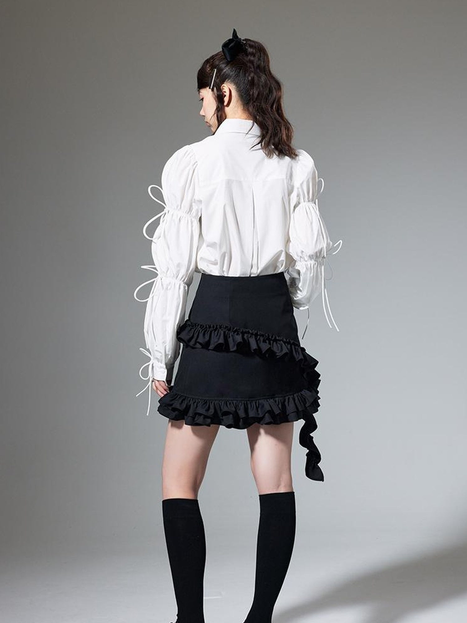 DIDDI MODA French Retro Puff Sleeve White Cotton Blouse With Ruffles Shell Buttons