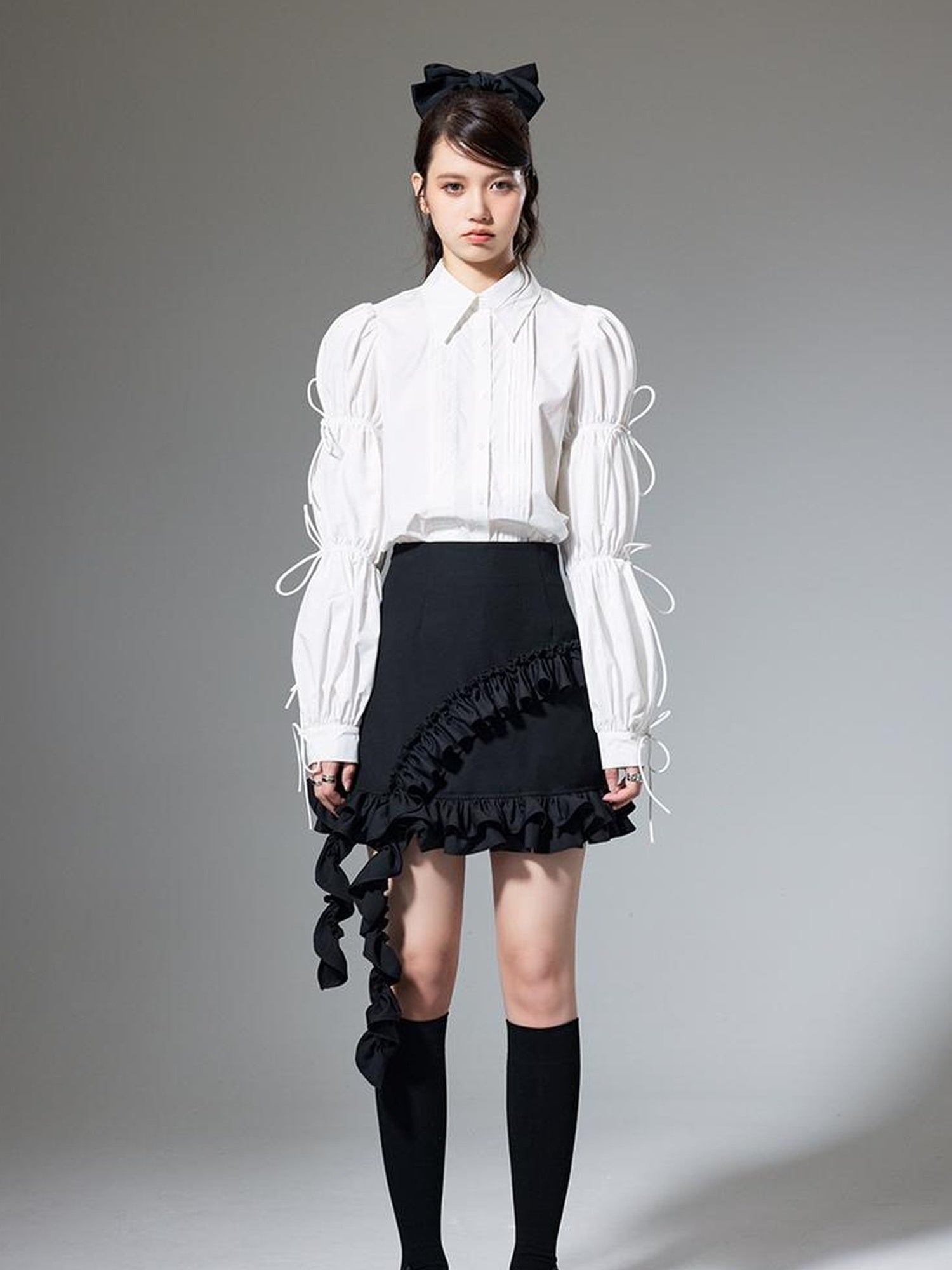 DIDDI MODA French Retro Puff Sleeve White Cotton Blouse With Ruffles Shell Buttons