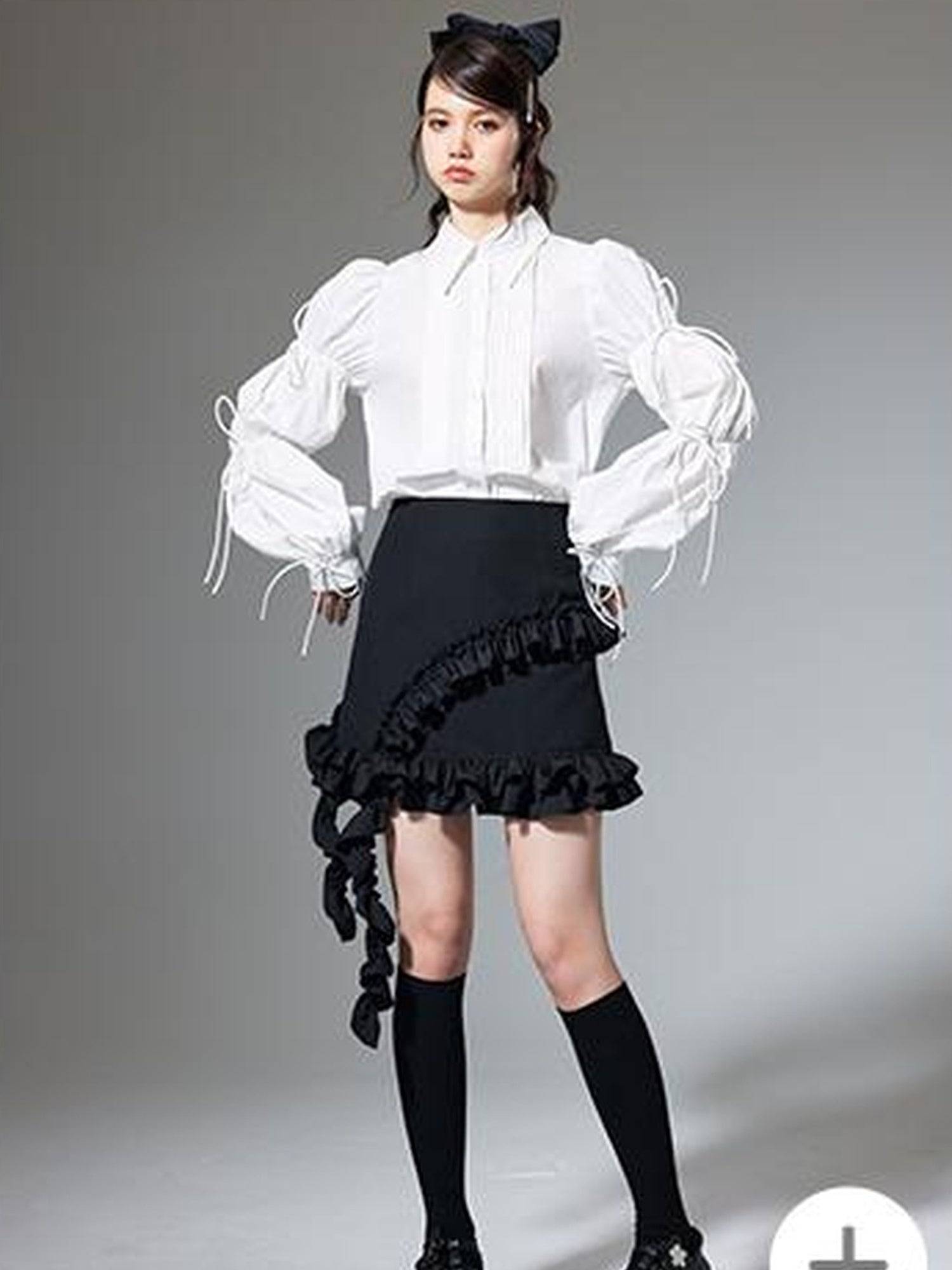 DIDDI MODA French Retro Puff Sleeve White Cotton Blouse With Ruffles Shell Buttons