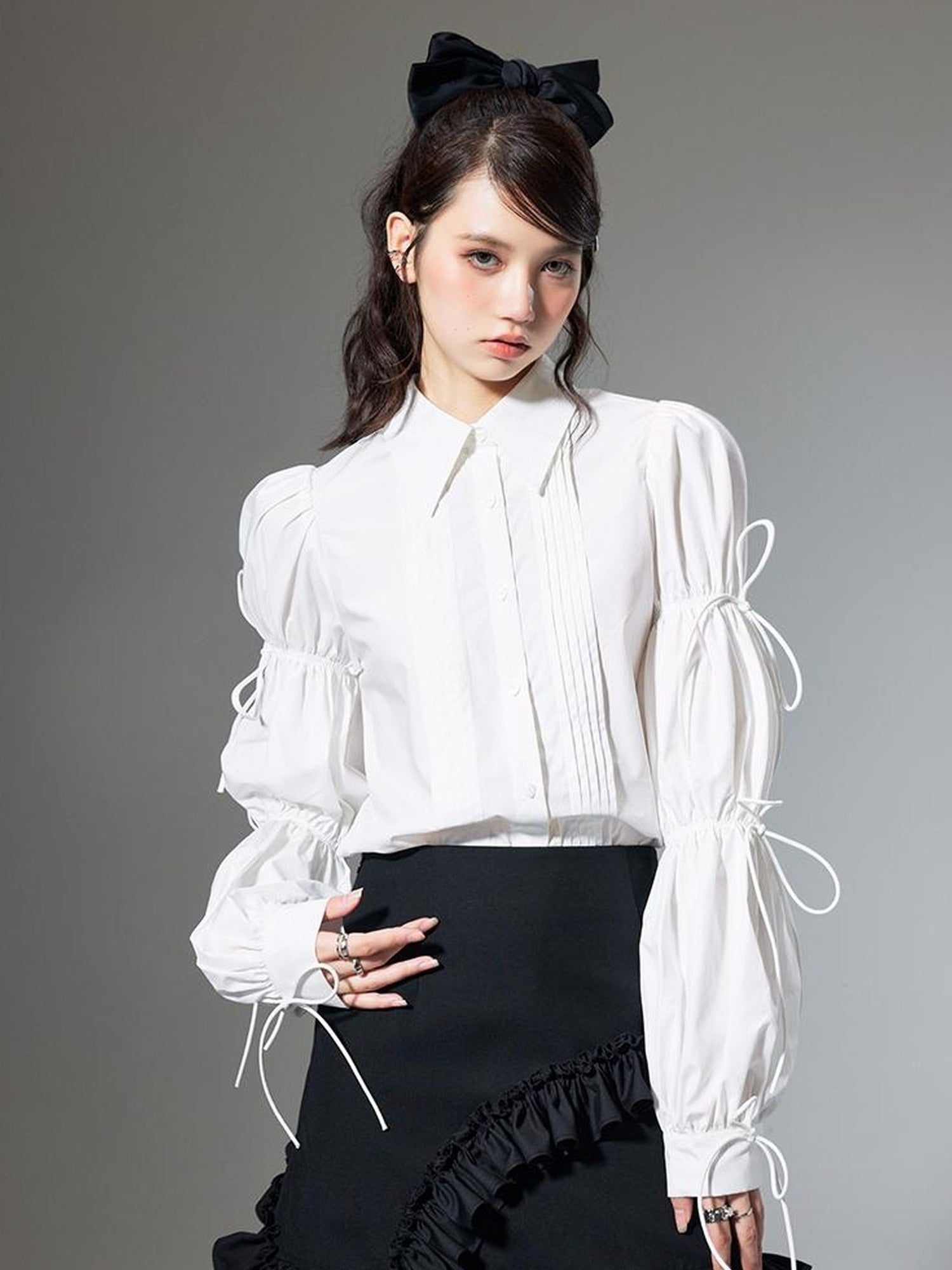 DIDDI MODA French Retro Puff Sleeve White Cotton Blouse With Ruffles Shell Buttons